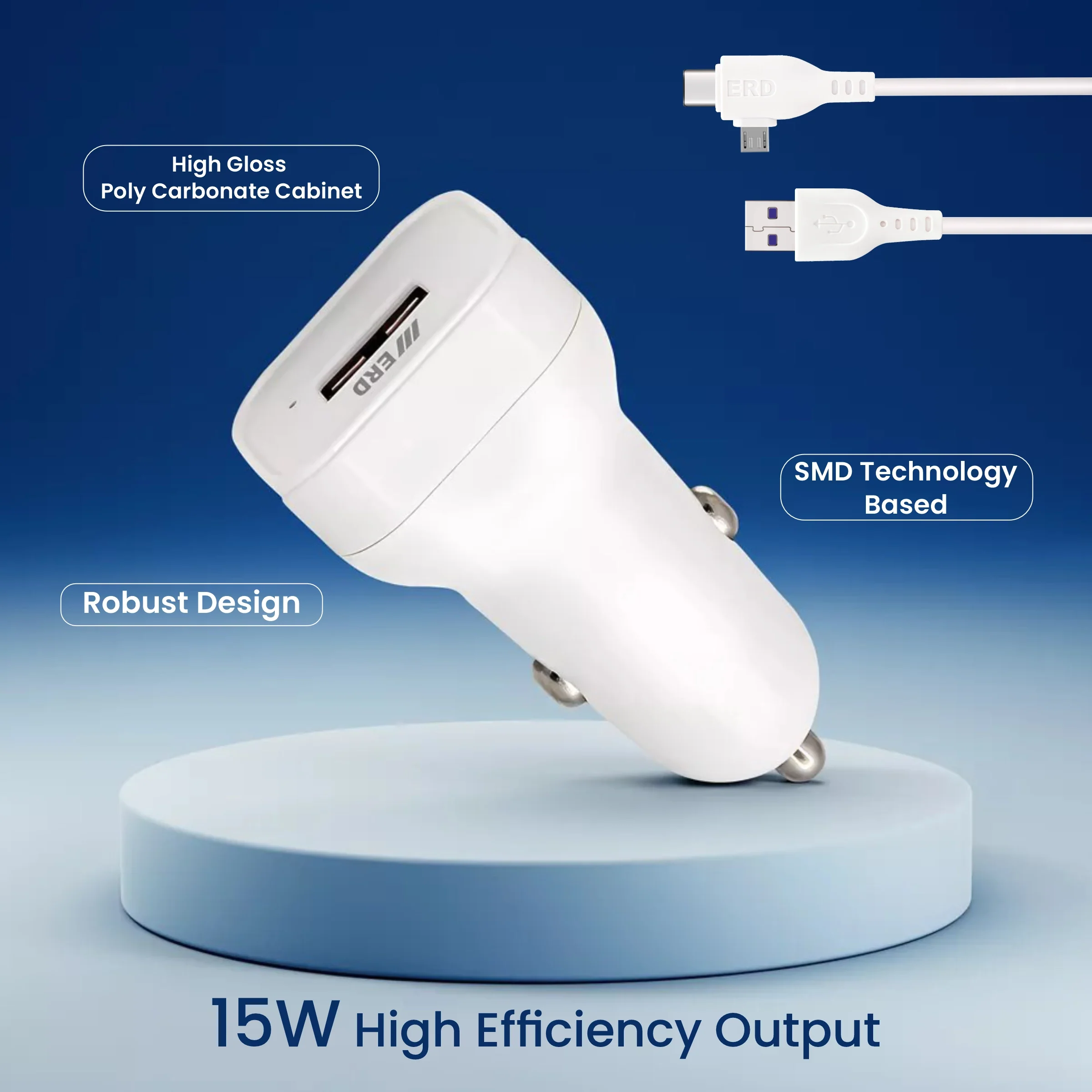 ERD CC-103 USB-A Car Mobile Charger With 2 IN 1 Cable (Micro+USB-C), 15W - Image 4