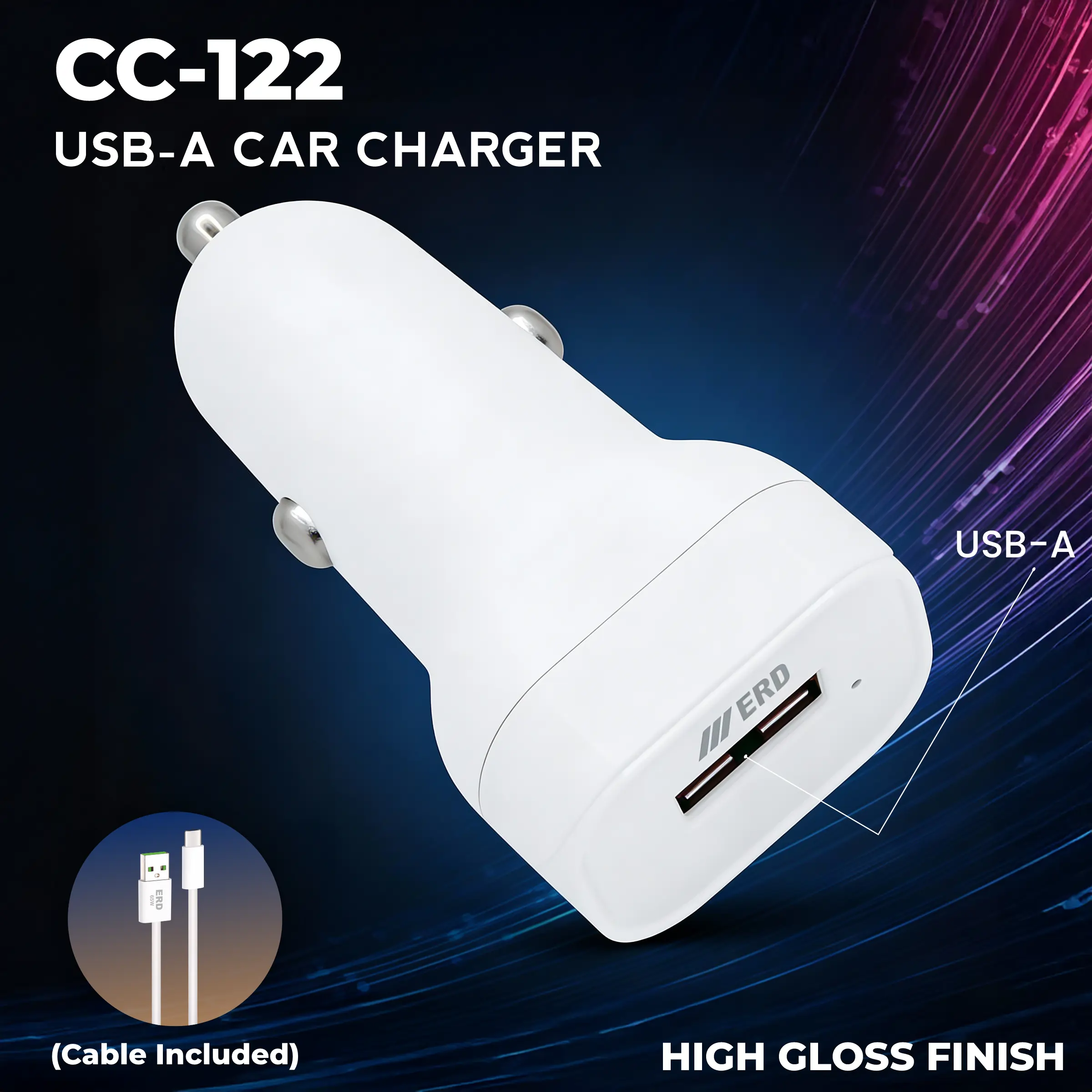 ERD CC-122 USB-A Car Mobile Charger With USB-C Data Cable, 25W - Image 3