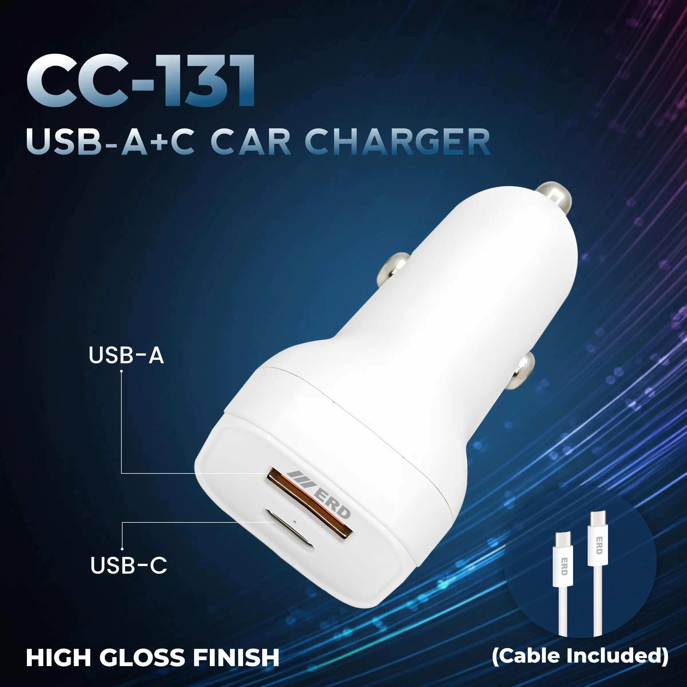 ERD CC-131 USB-A/C Car Charger With C to C Data Cable, 20W - Image 3