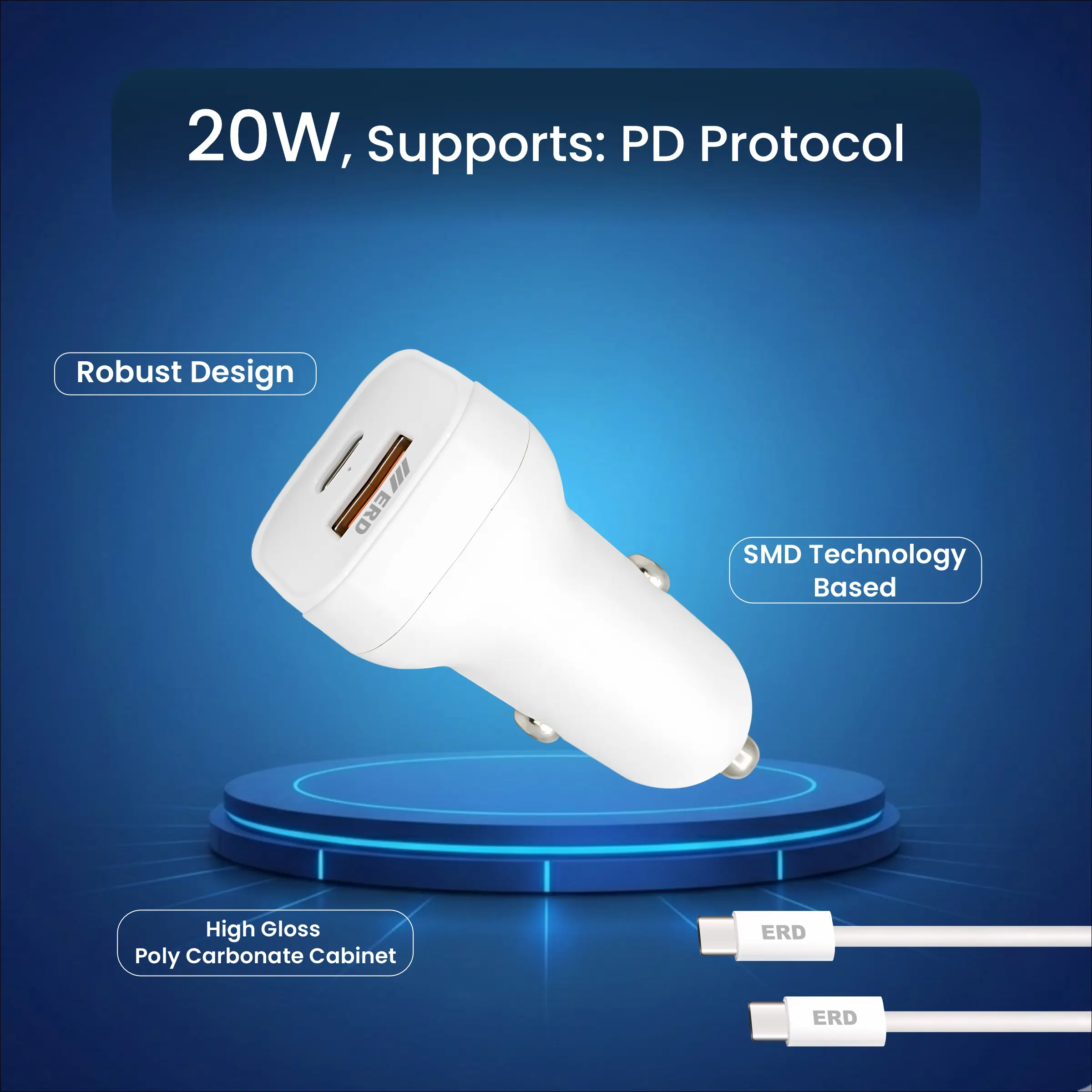 ERD CC-131 USB-A/C Car Charger With C to C Data Cable, 20W - Image 4