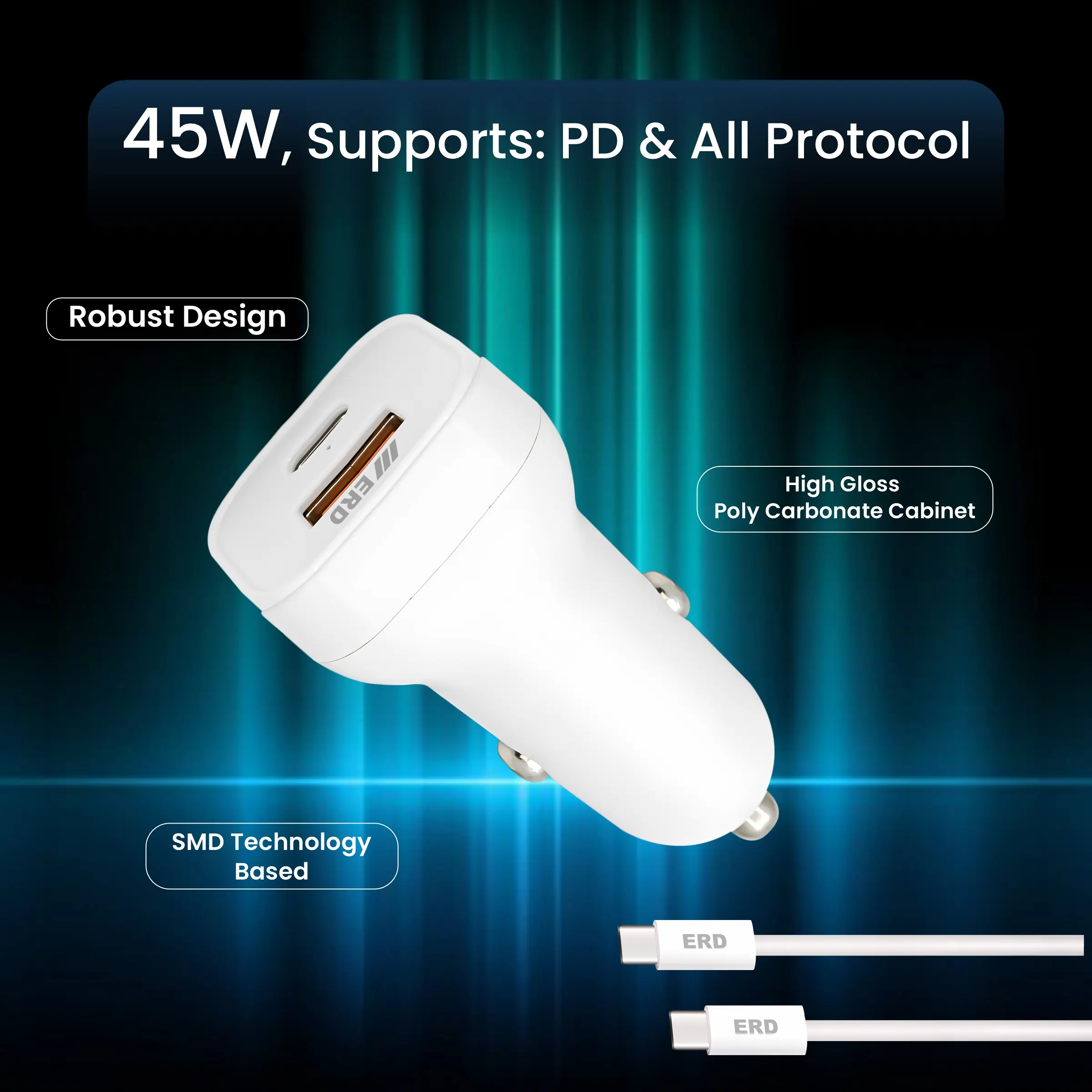 ERD CC-145 USB-A/C Car Mobile Charger With C to C, 45W - Image 4