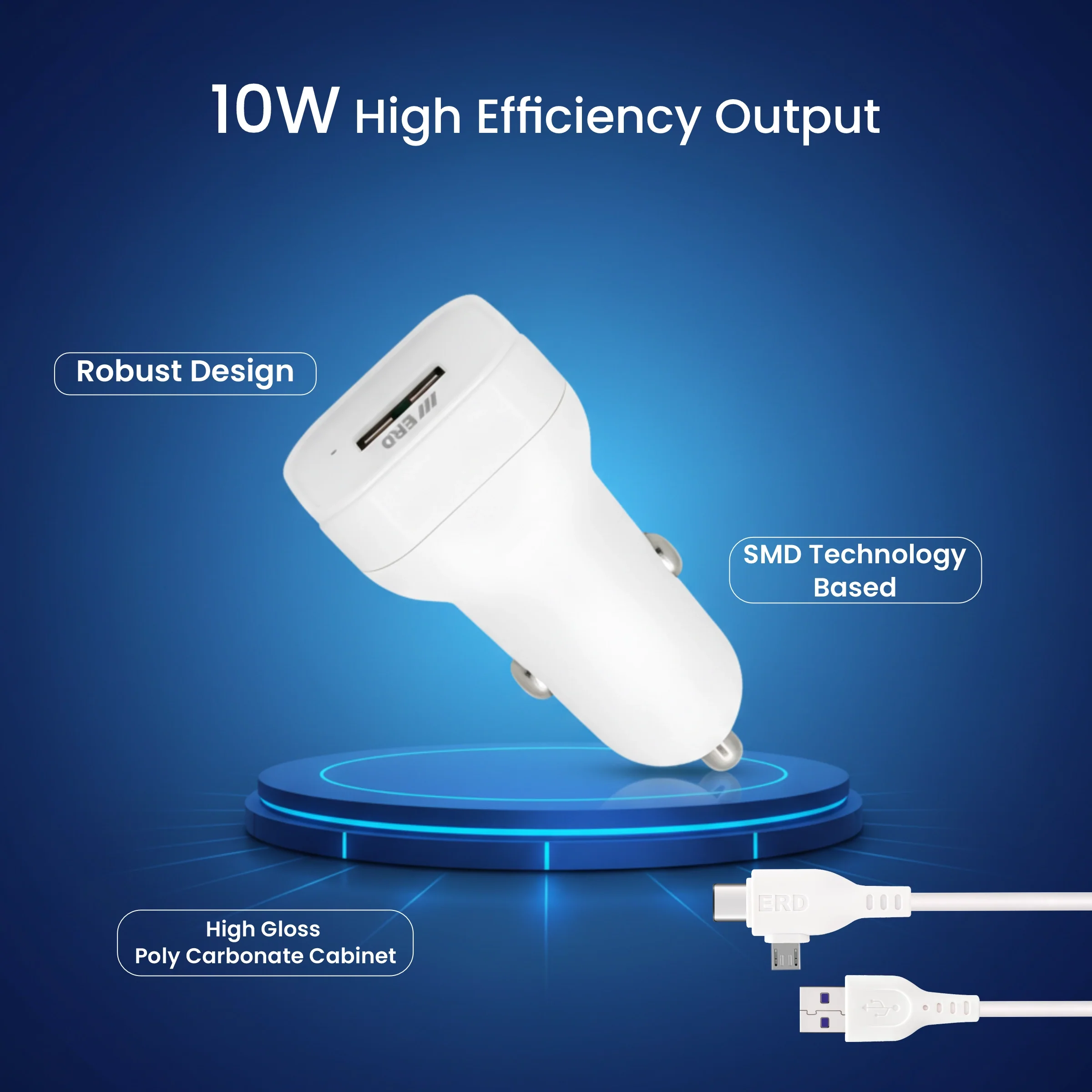 ERD CC-102 USB-A Car Mobile Charger With 2 IN 1 Cable (Micro+USB-C), 10W - Image 4