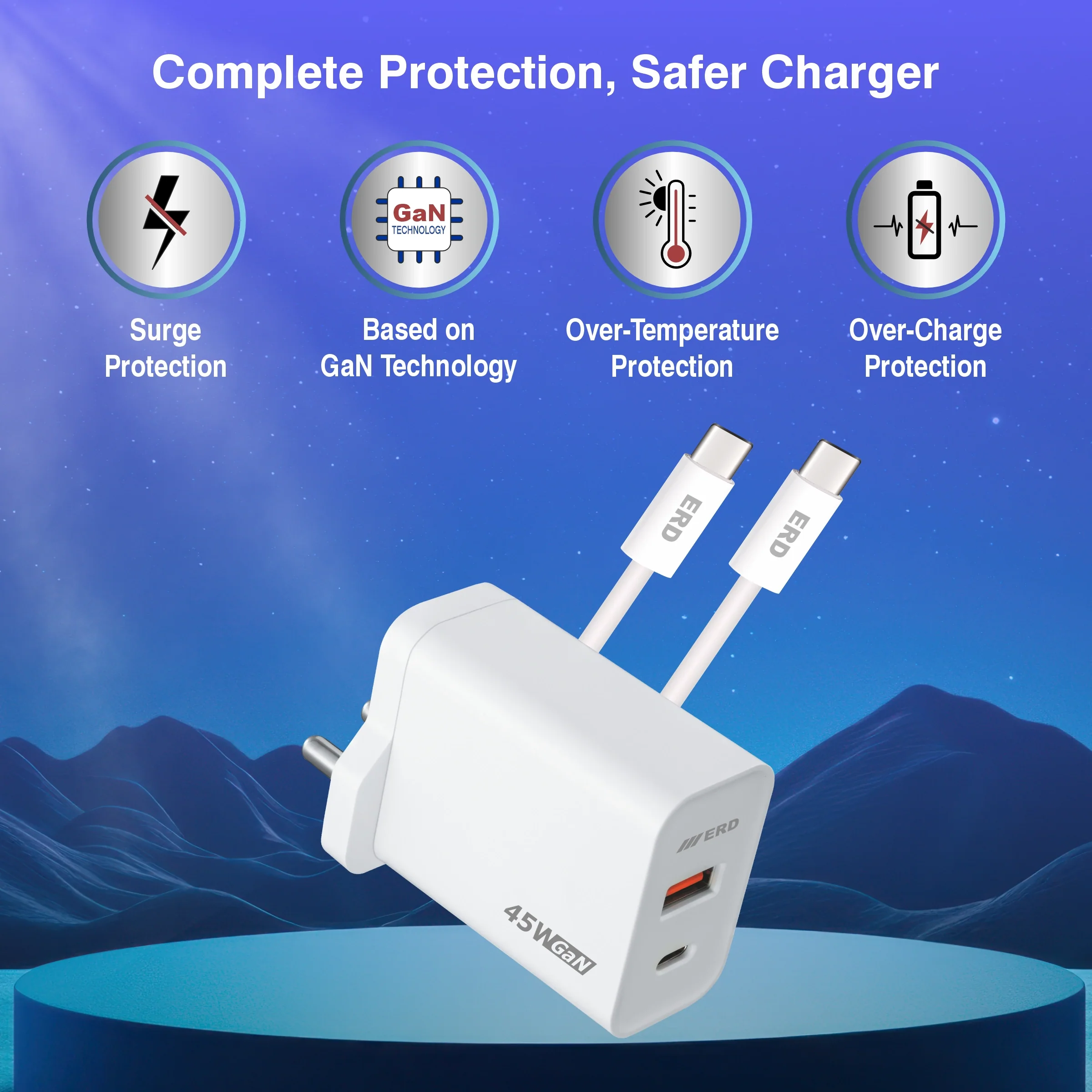 ERD TC-145 USB-A/C GaN Charger With USB-C To C Data Cable, 45W - Image 3