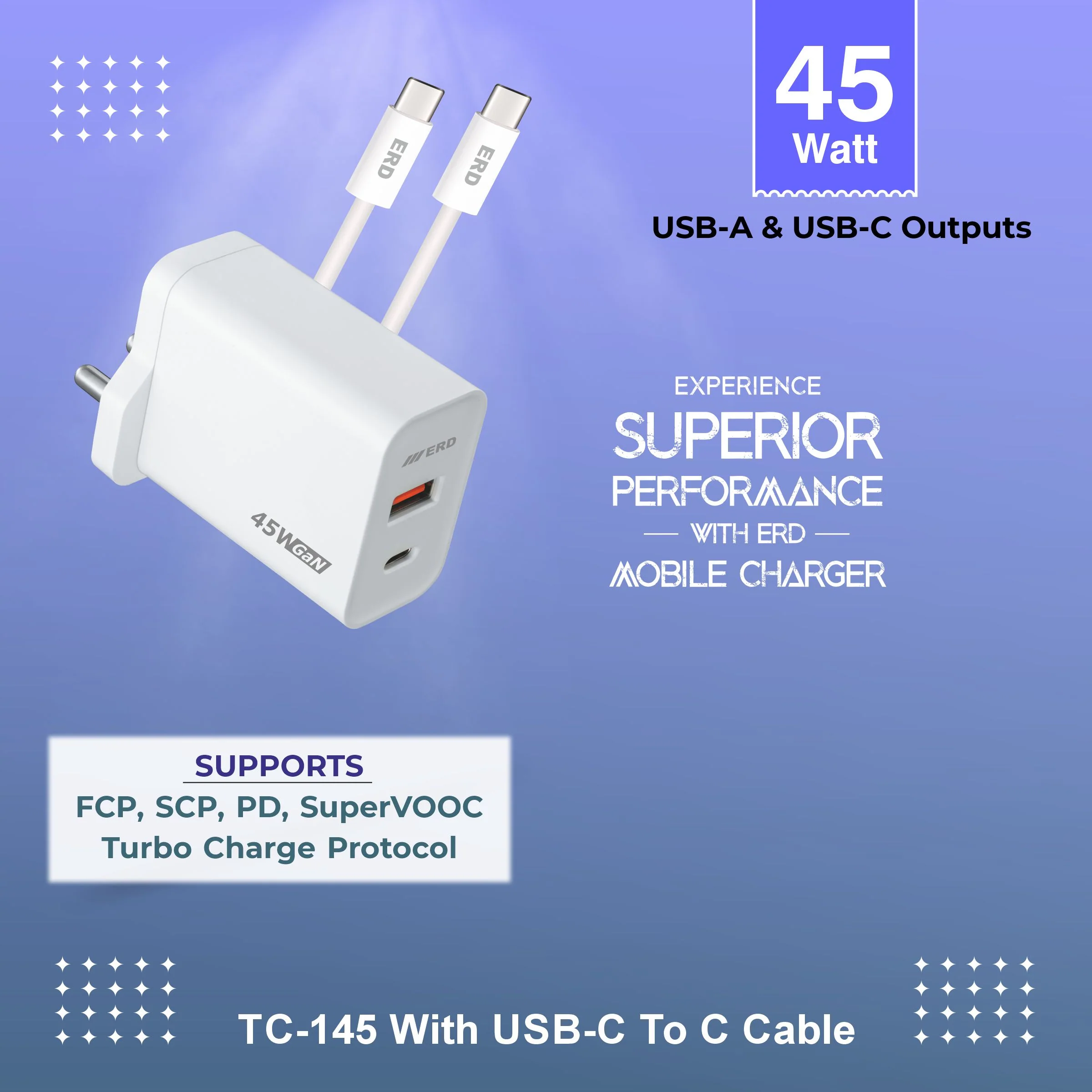 ERD TC-145 USB-A/C GaN Charger With USB-C To C Data Cable, 45W - Image 4