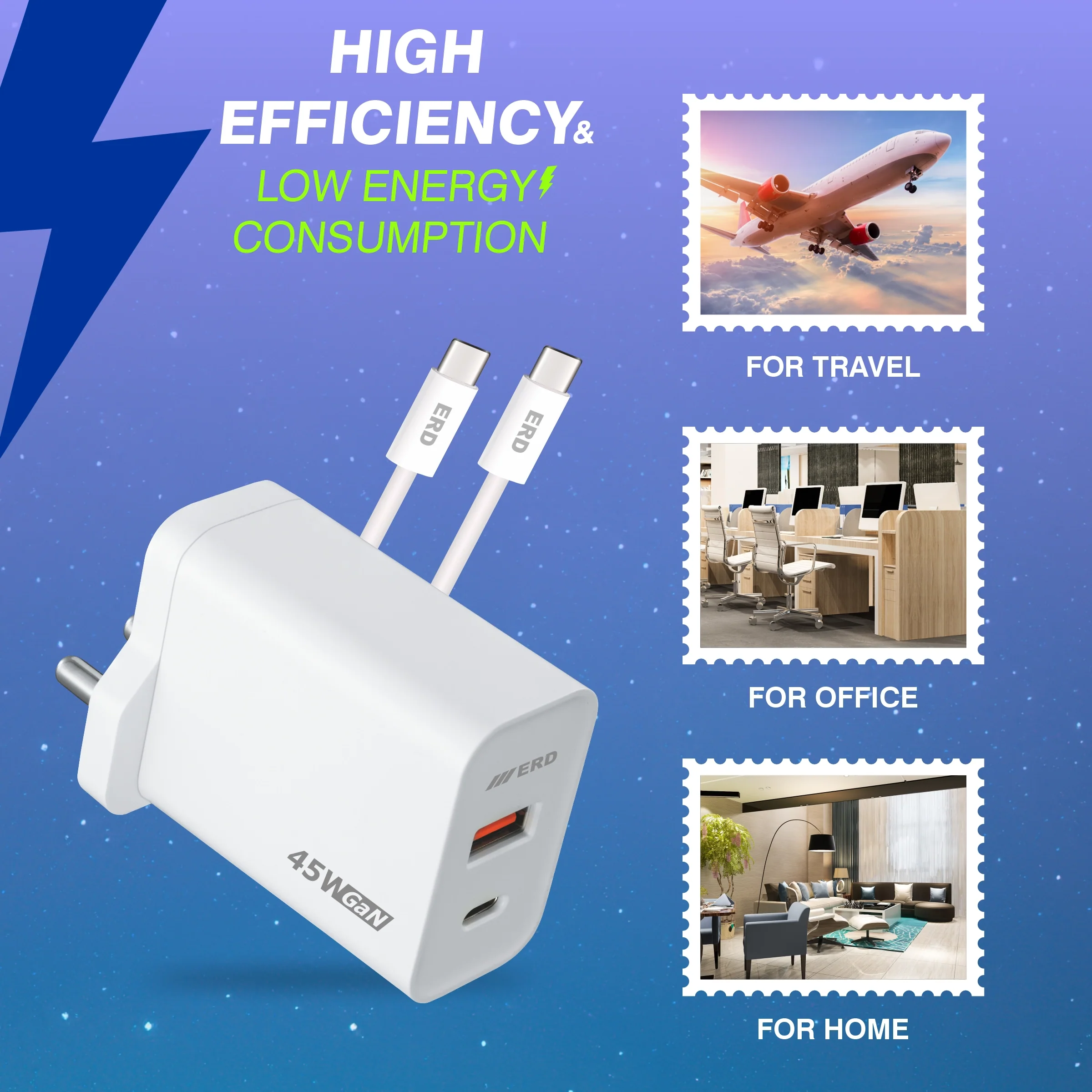 ERD TC-145 USB-A/C GaN Charger With USB-C To C Data Cable, 45W - Image 5