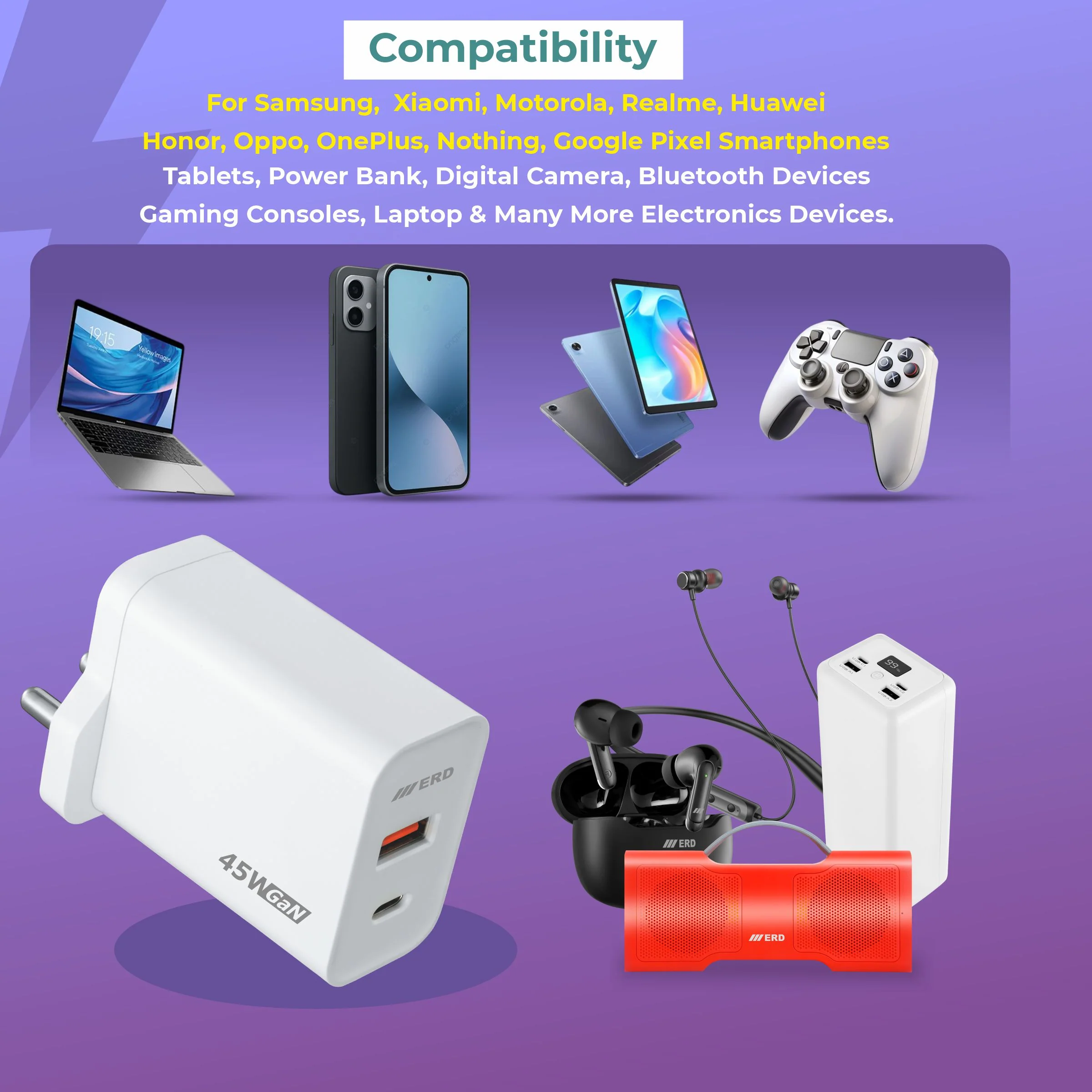 ERD TC-145 USB-A/C GaN Charger With USB-C To C Data Cable, 45W - Image 6