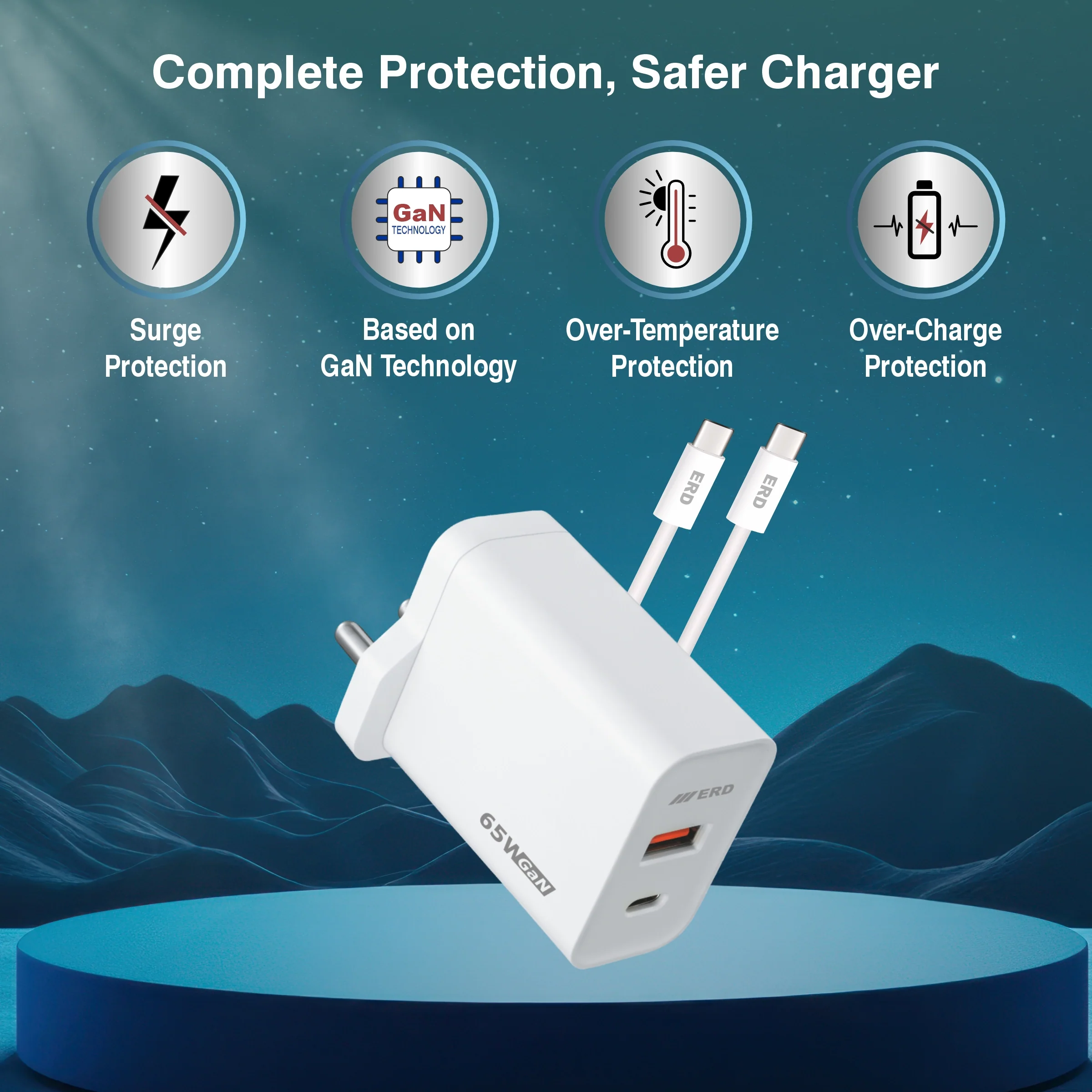 ERD TC-146 USB-A/C GaN Charger With USB-C TO C Data Cable, 65W - Image 3