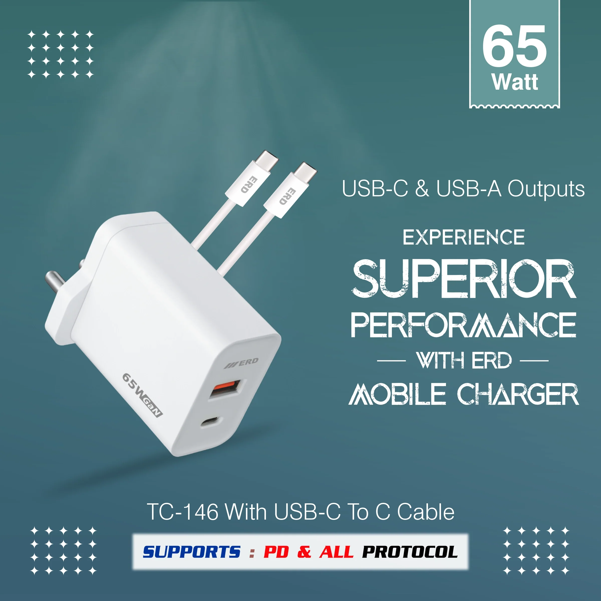 ERD TC-146 USB-A/C GaN Charger With USB-C TO C Data Cable, 65W - Image 7