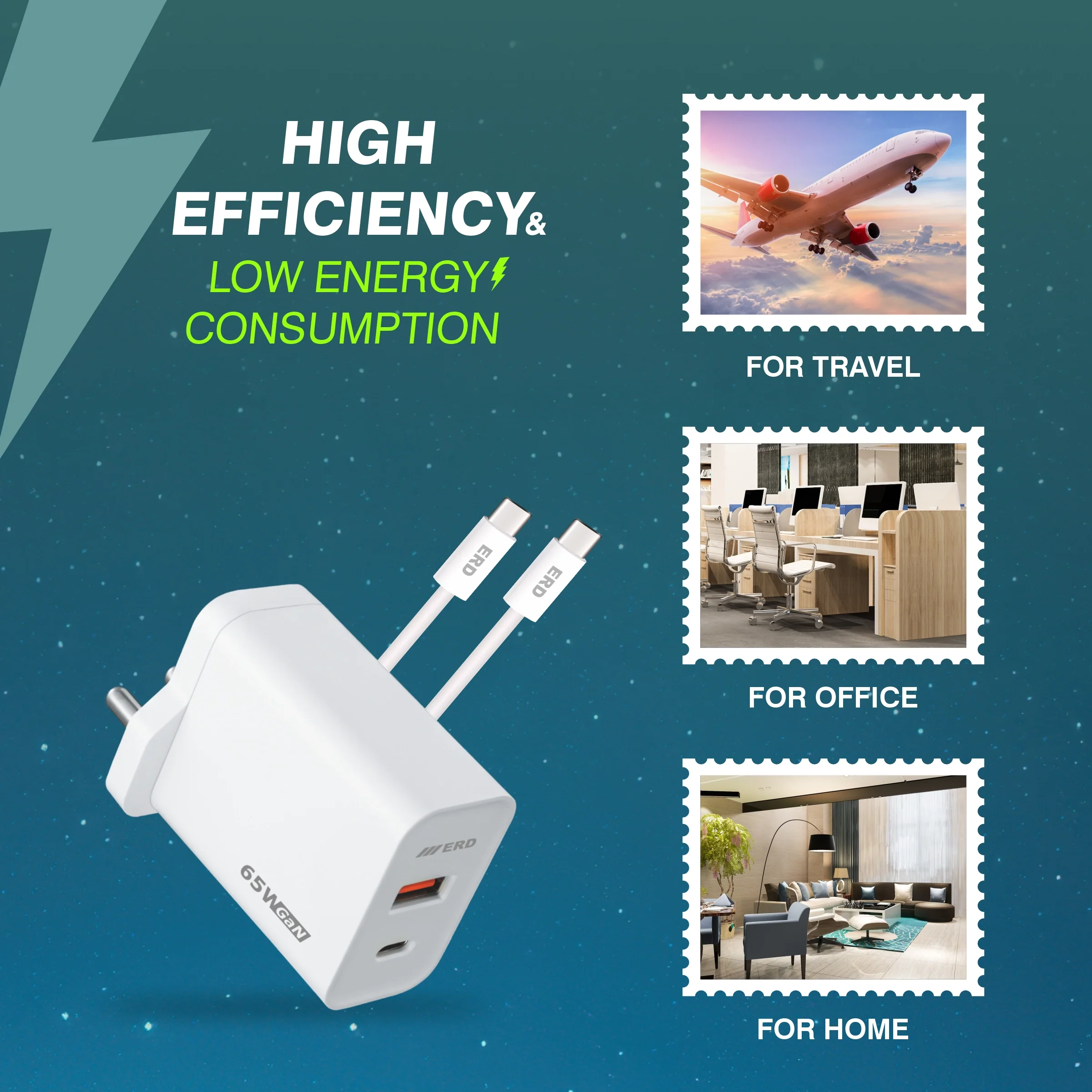 ERD TC-146 USB-A/C GaN Charger With USB-C TO C Data Cable, 65W - Image 8