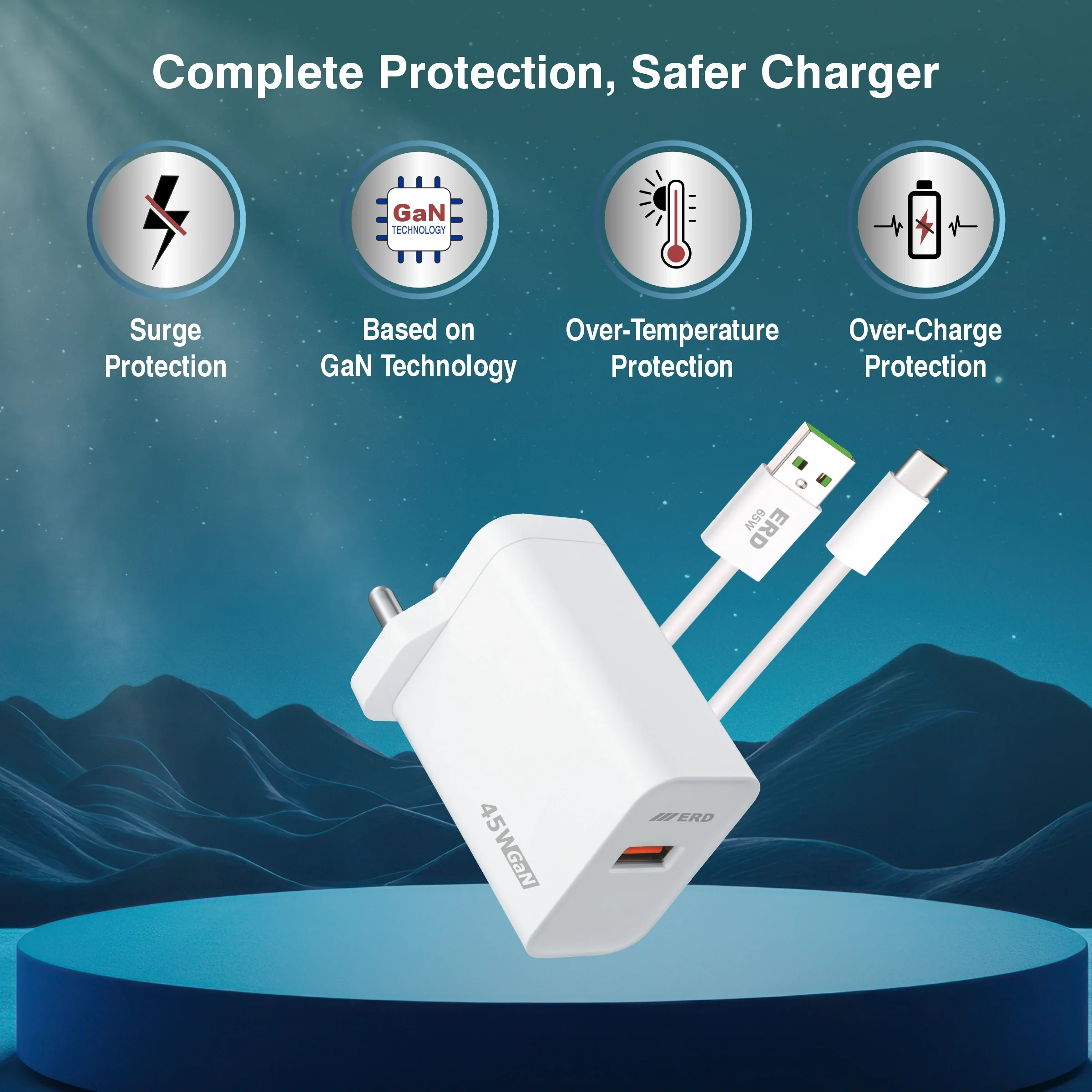 ERD TC-161 USB-A GaN Charger With USB-C Data Cable, 45W - Image 3
