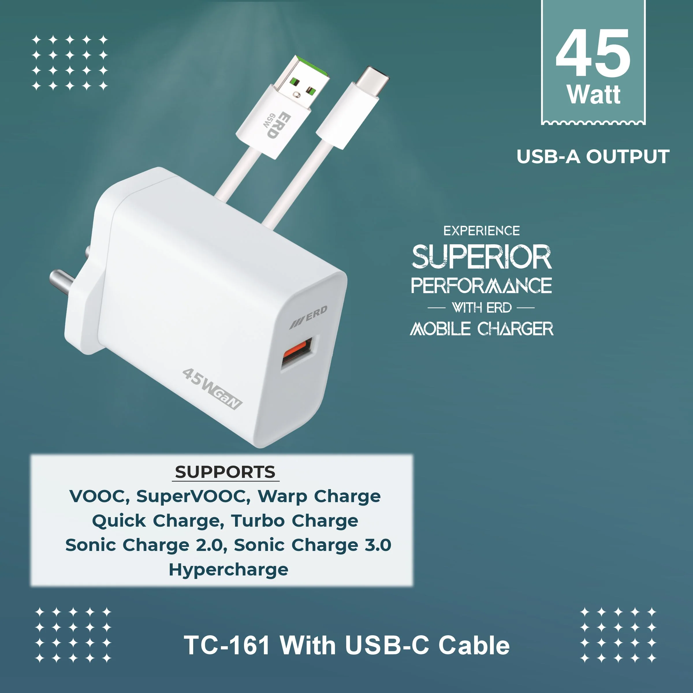 ERD TC-161 USB-A GaN Charger With USB-C Data Cable, 45W - Image 4