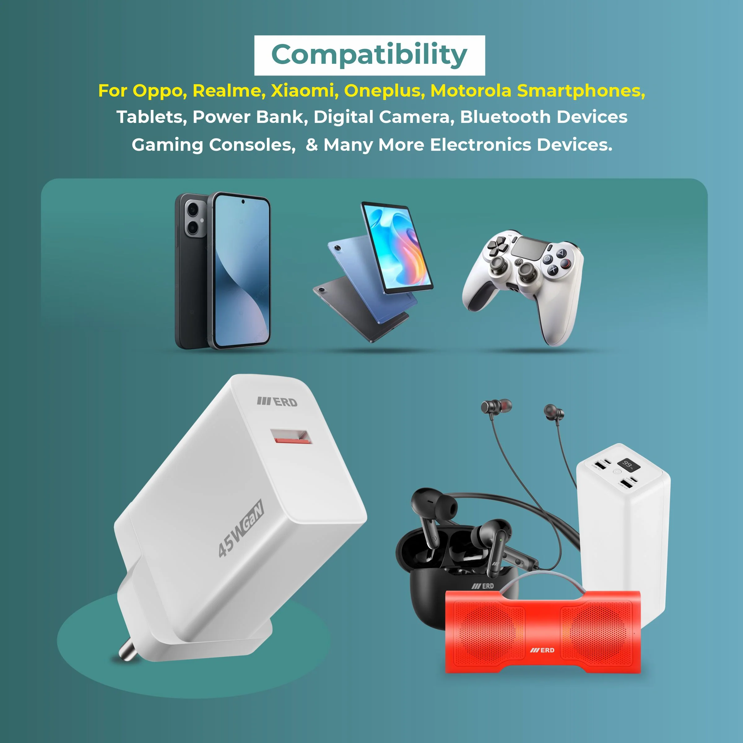 ERD TC-161 USB-A GaN Charger With USB-C Data Cable, 45W - Image 5