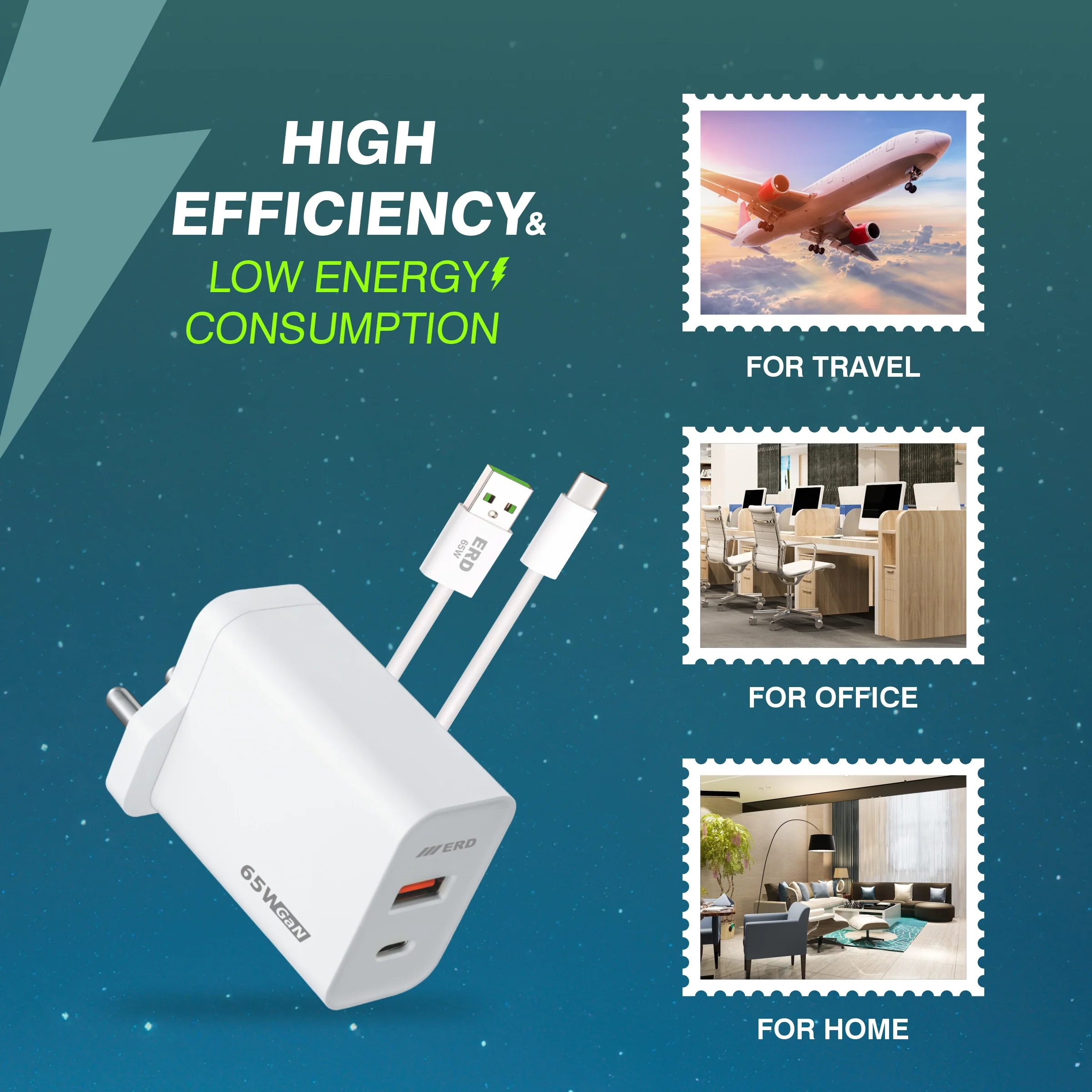 ERD TC-161 USB-A GaN Charger With USB-C Data Cable, 45W - Image 6
