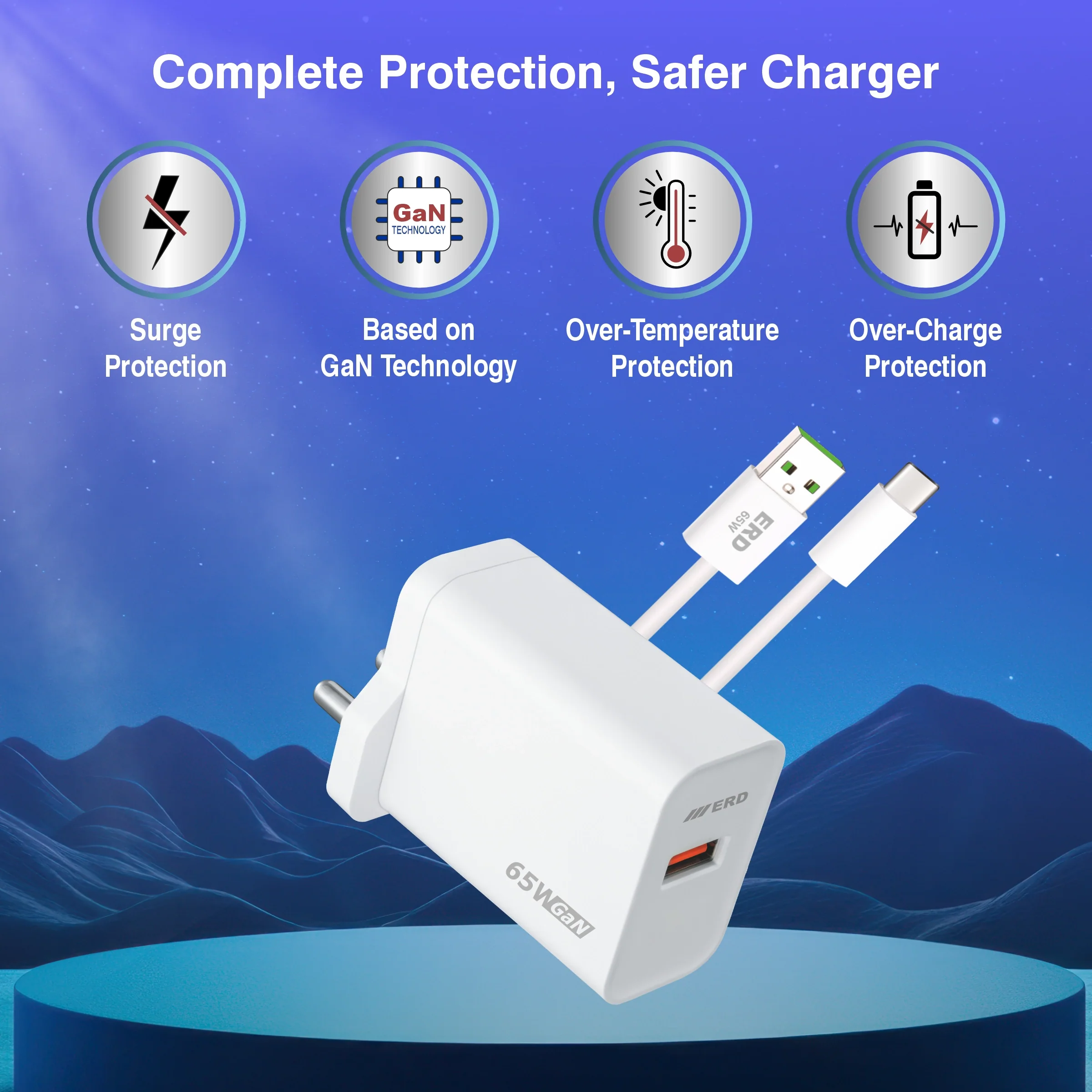 ERD TC-162 USB-A GaN Charger With USB-C Data Cable, 65W - Image 3