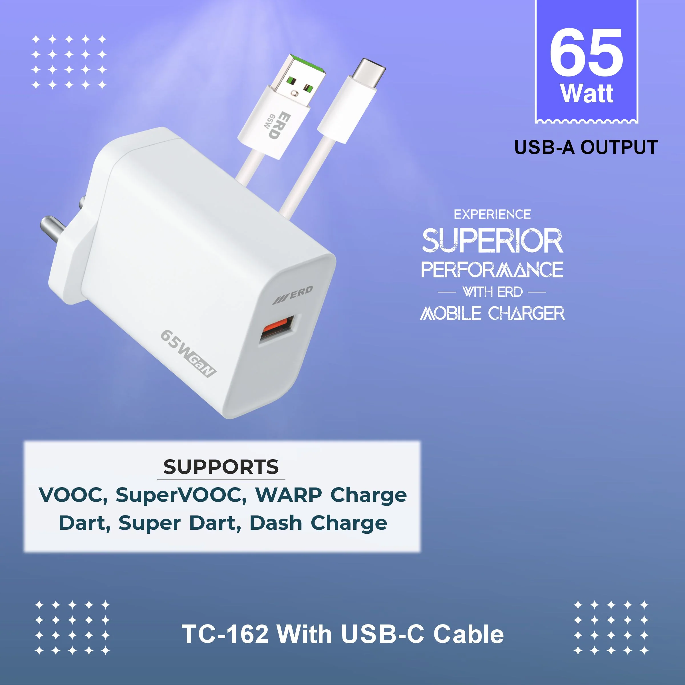 ERD TC-162 USB-A GaN Charger With USB-C Data Cable, 65W - Image 4