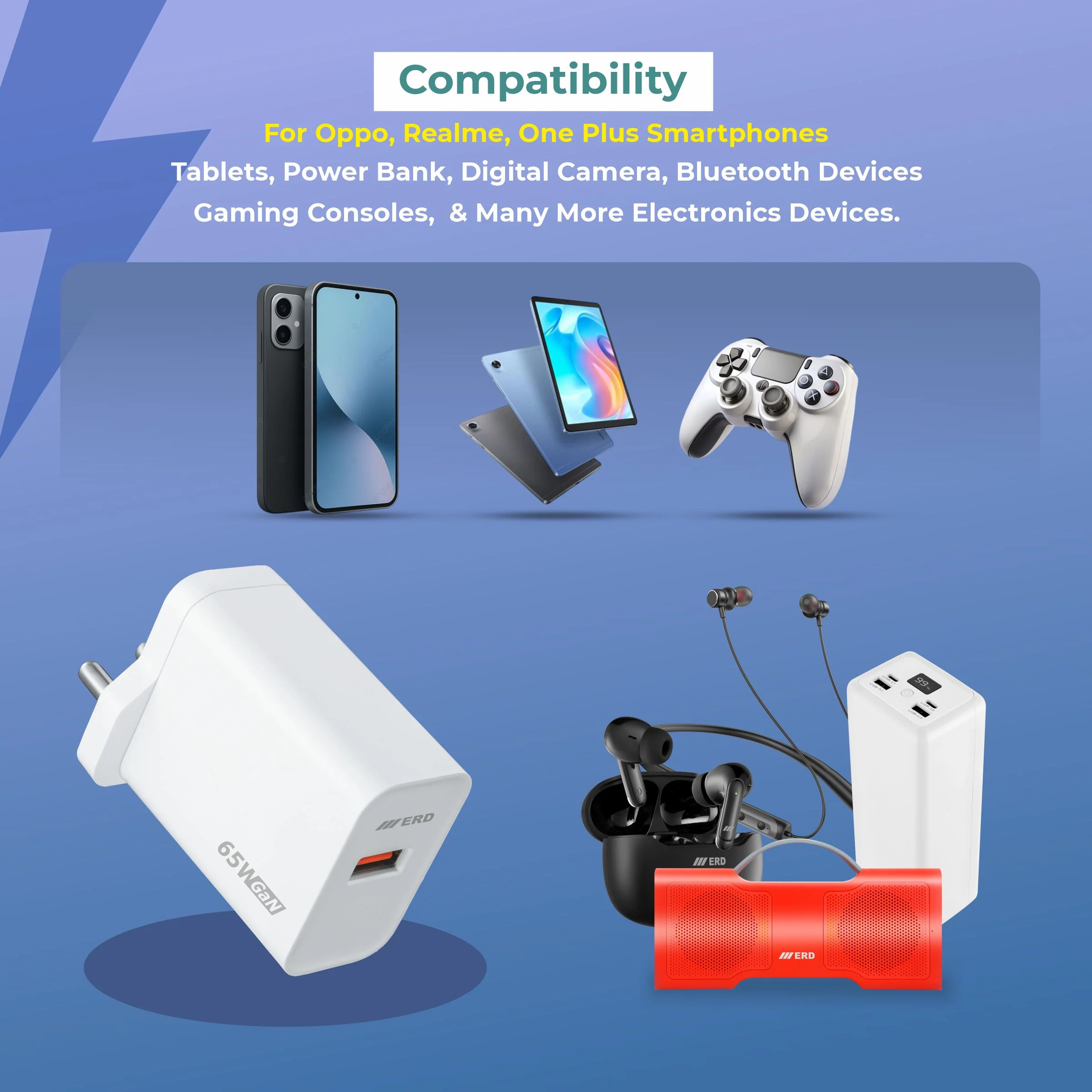 ERD TC-162 USB-A GaN Charger With USB-C Data Cable, 65W - Image 5