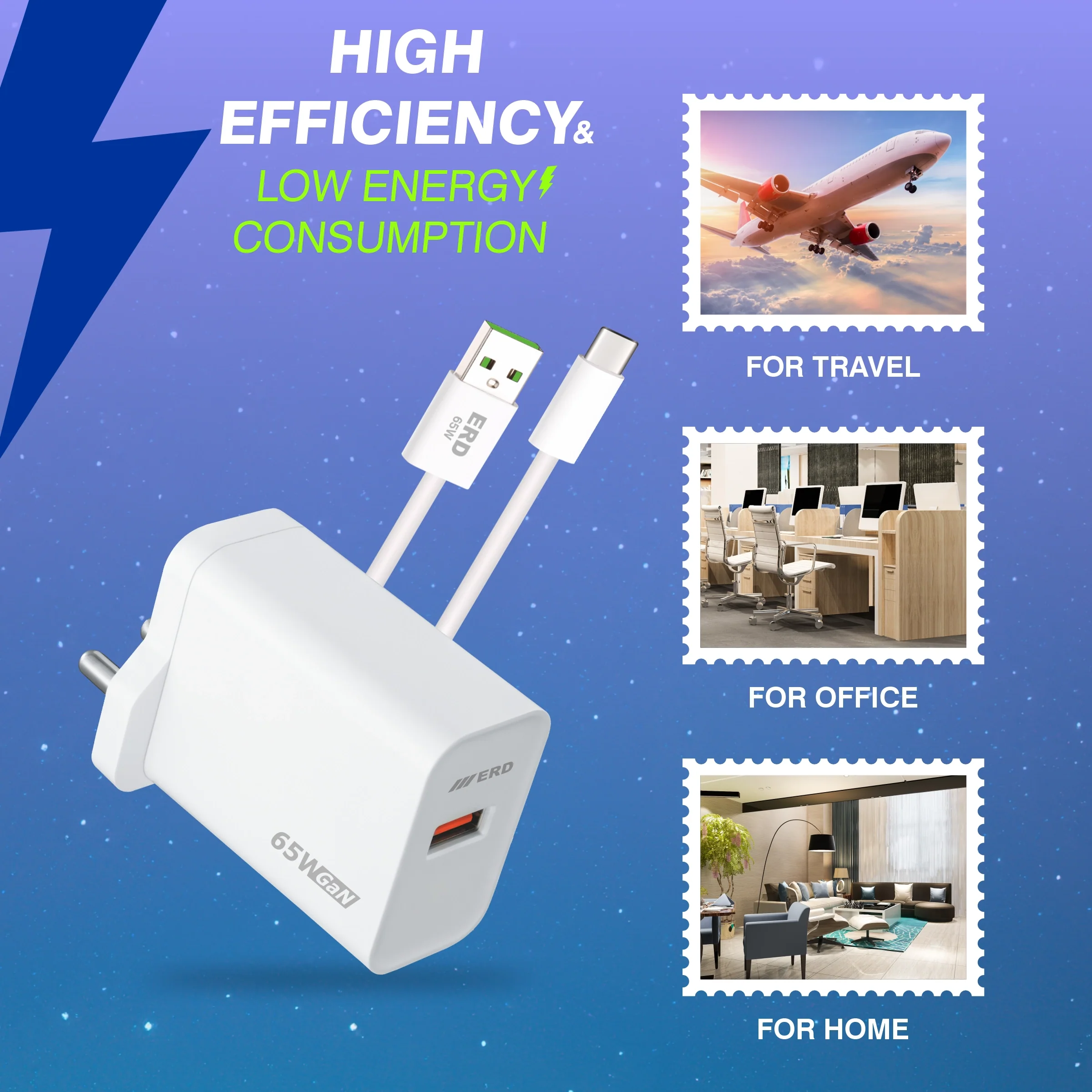 ERD TC-162 USB-A GaN Charger With USB-C Data Cable, 65W - Image 6