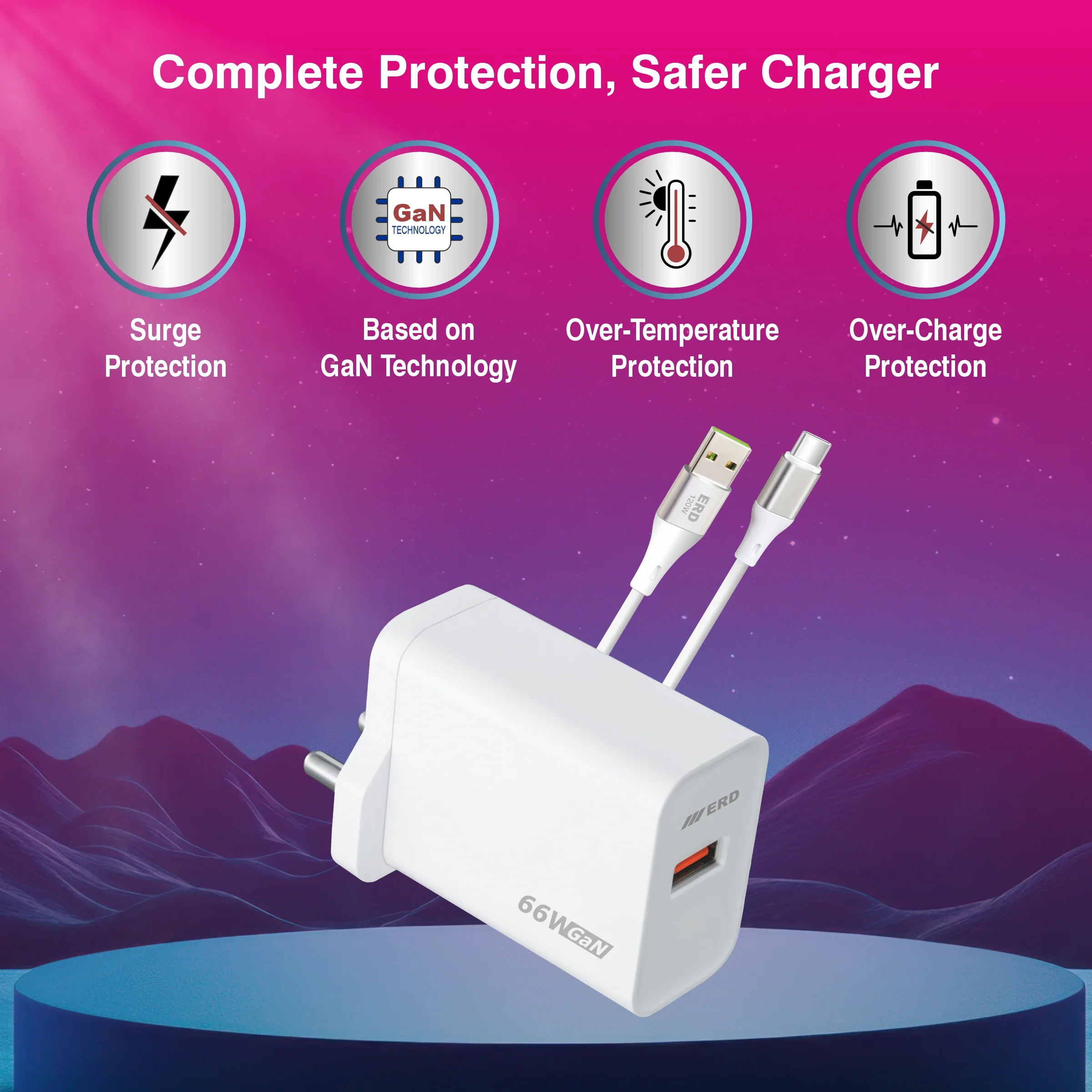 ERD TC-163 USB-A GaN Charger With USB-C Data Cable, 66W - Image 3