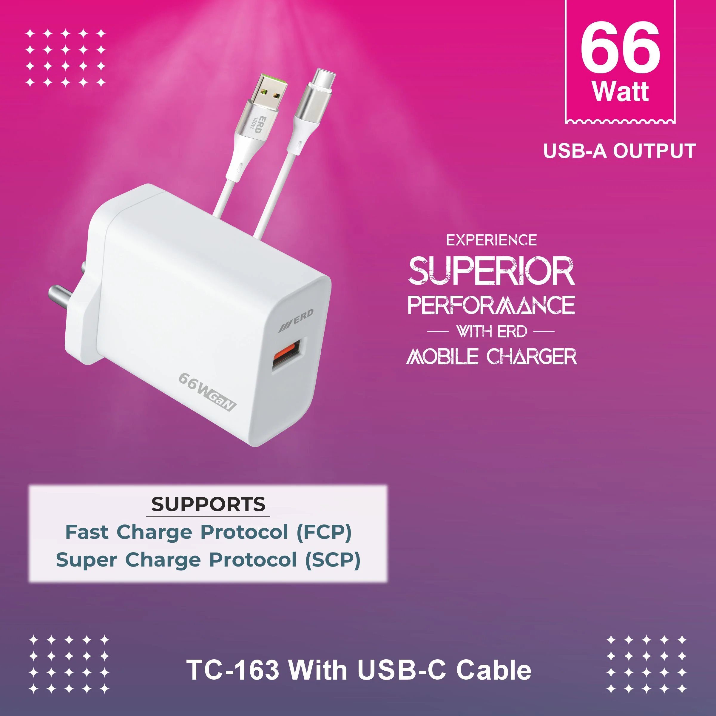 ERD TC-163 USB-A GaN Charger With USB-C Data Cable, 66W - Image 4