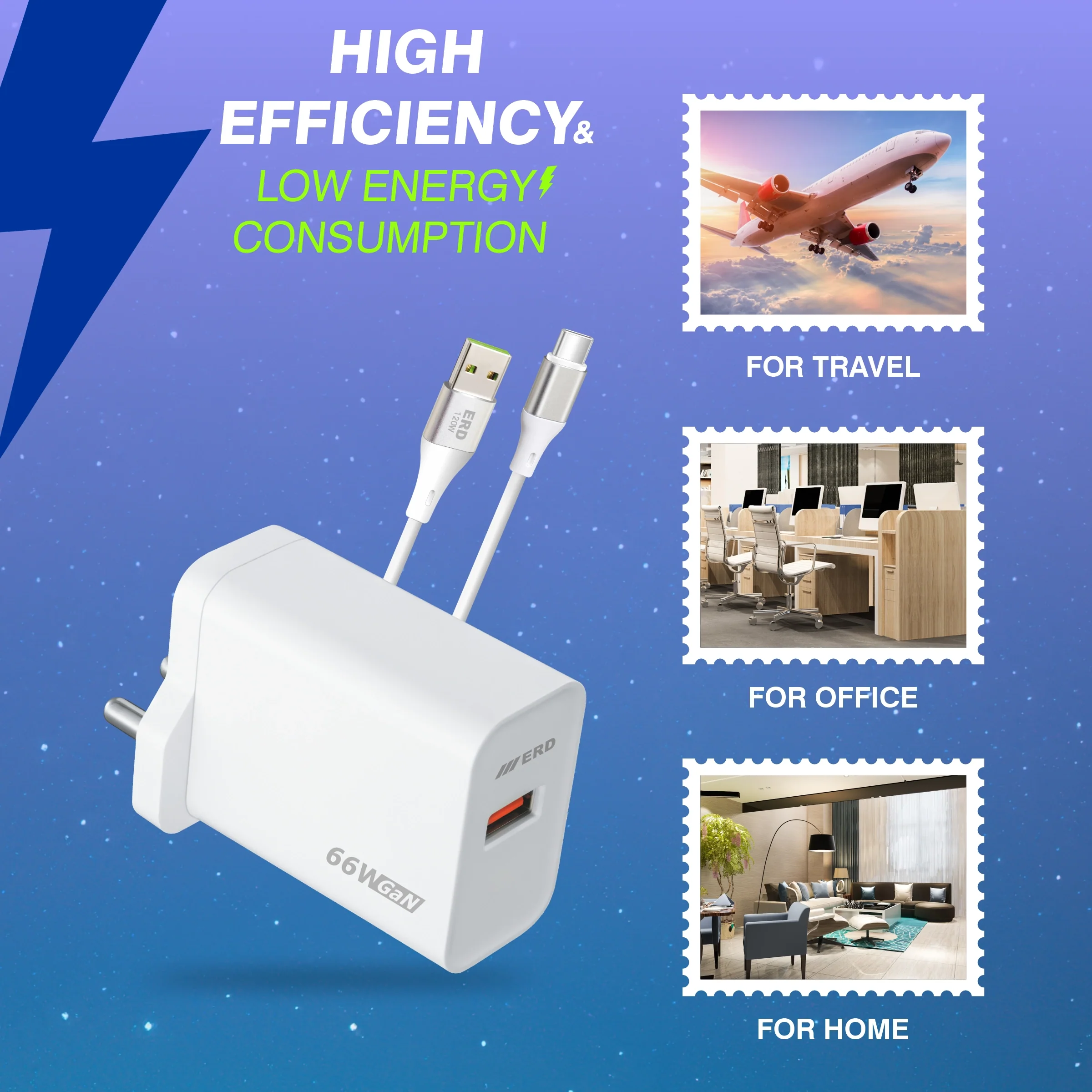 ERD TC-163 USB-A GaN Charger With USB-C Data Cable, 66W - Image 6