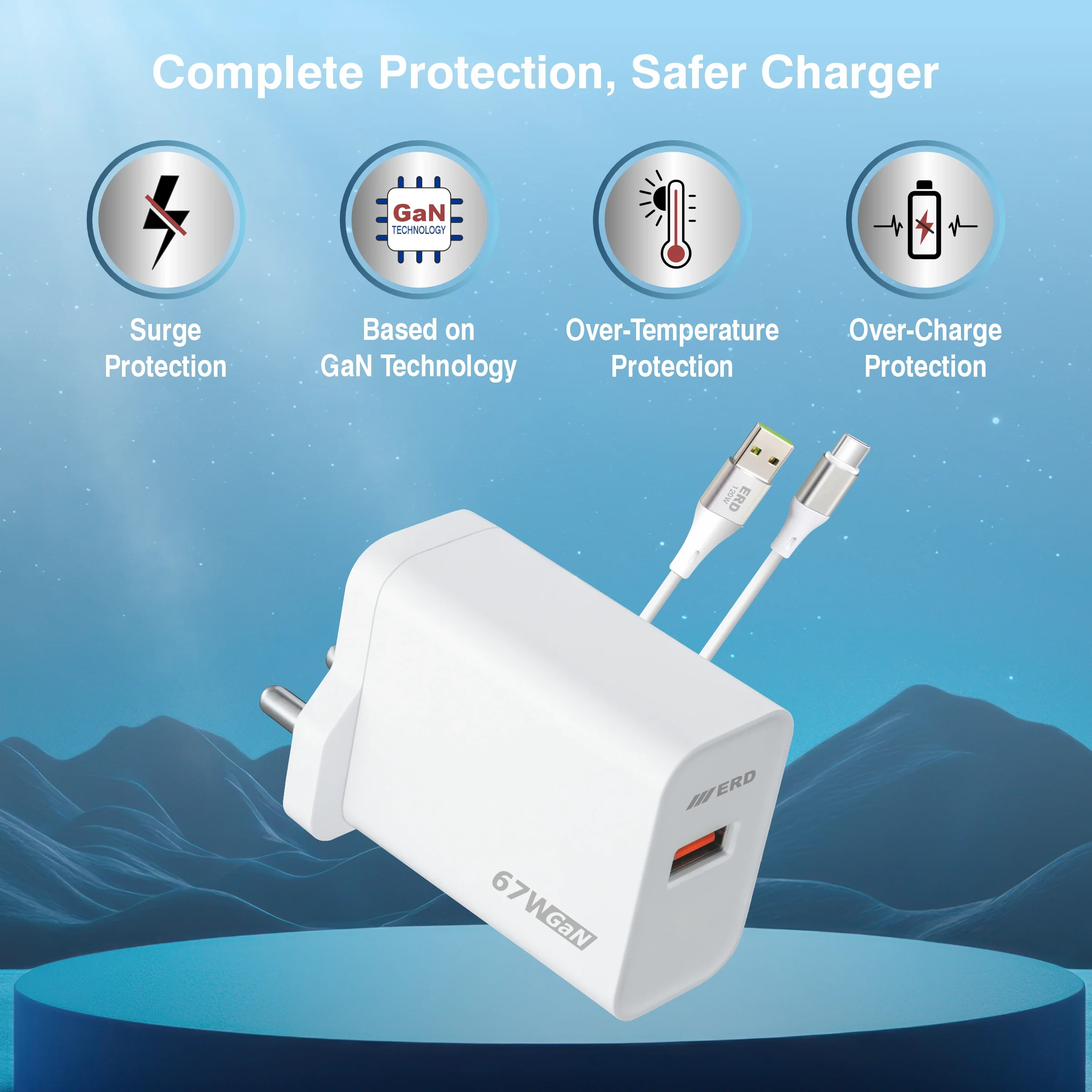 ERD TC-164 USB-A GaN Charger With USB-C Data Cable, 67W - Image 3