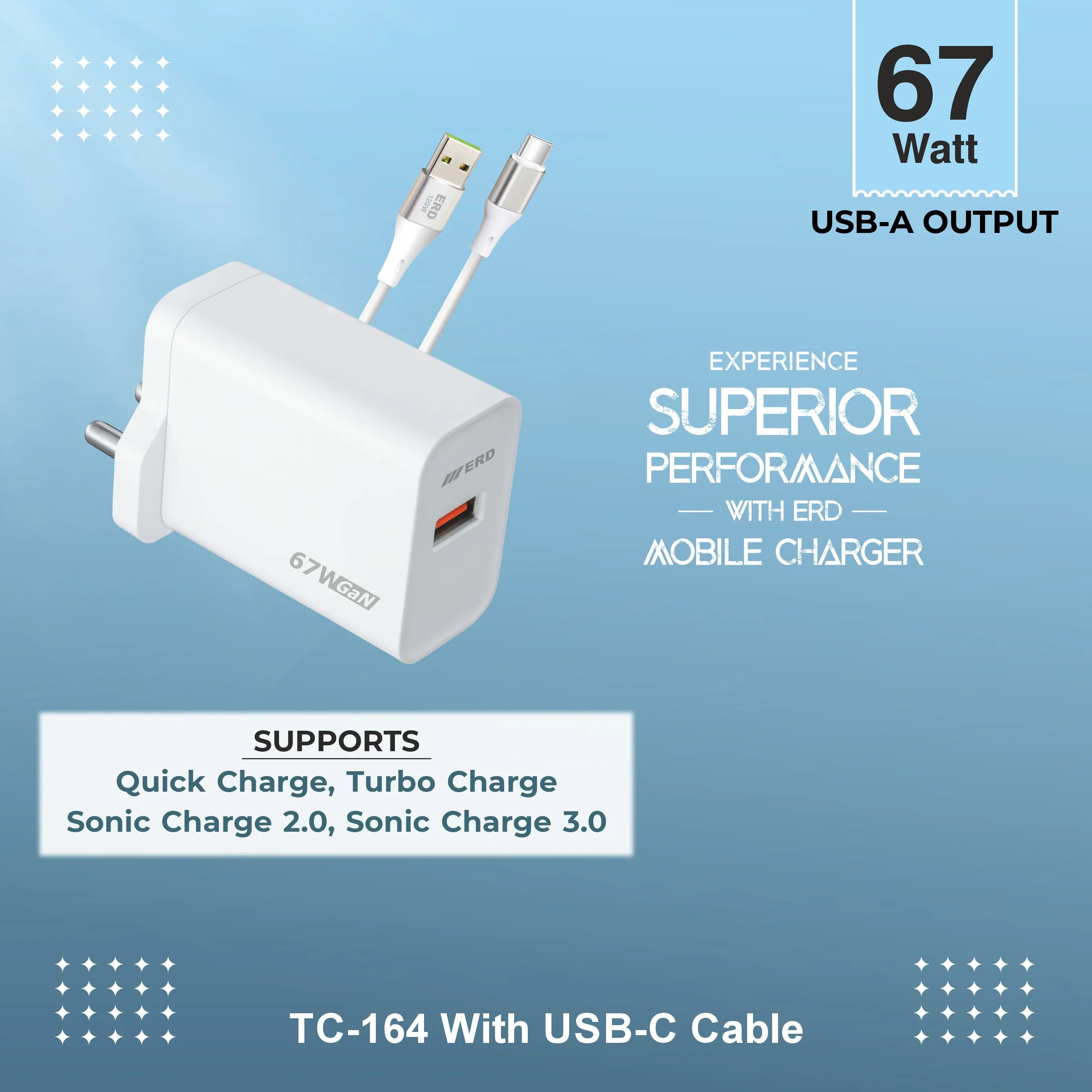 ERD TC-164 USB-A GaN Charger With USB-C Data Cable, 67W - Image 4