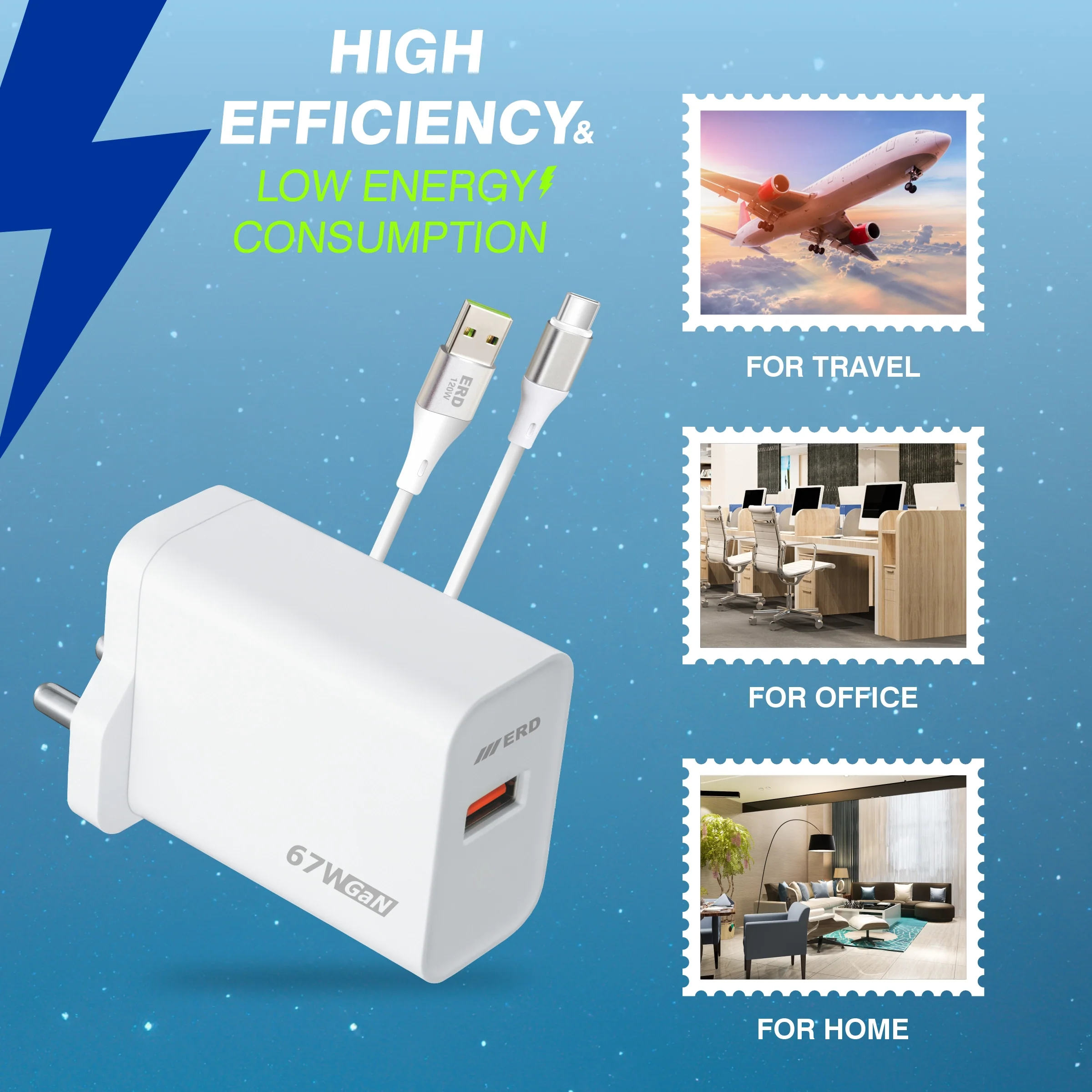 ERD TC-164 USB-A GaN Charger With USB-C Data Cable, 67W - Image 6