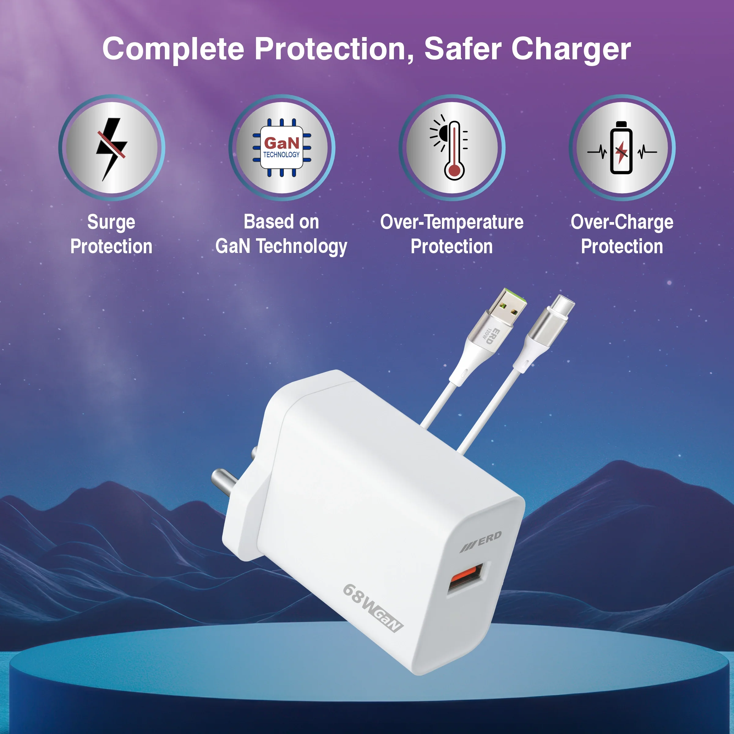 ERD TC-165 USB-A GaN Charger With USB-C Data Cable, 68W - Image 3