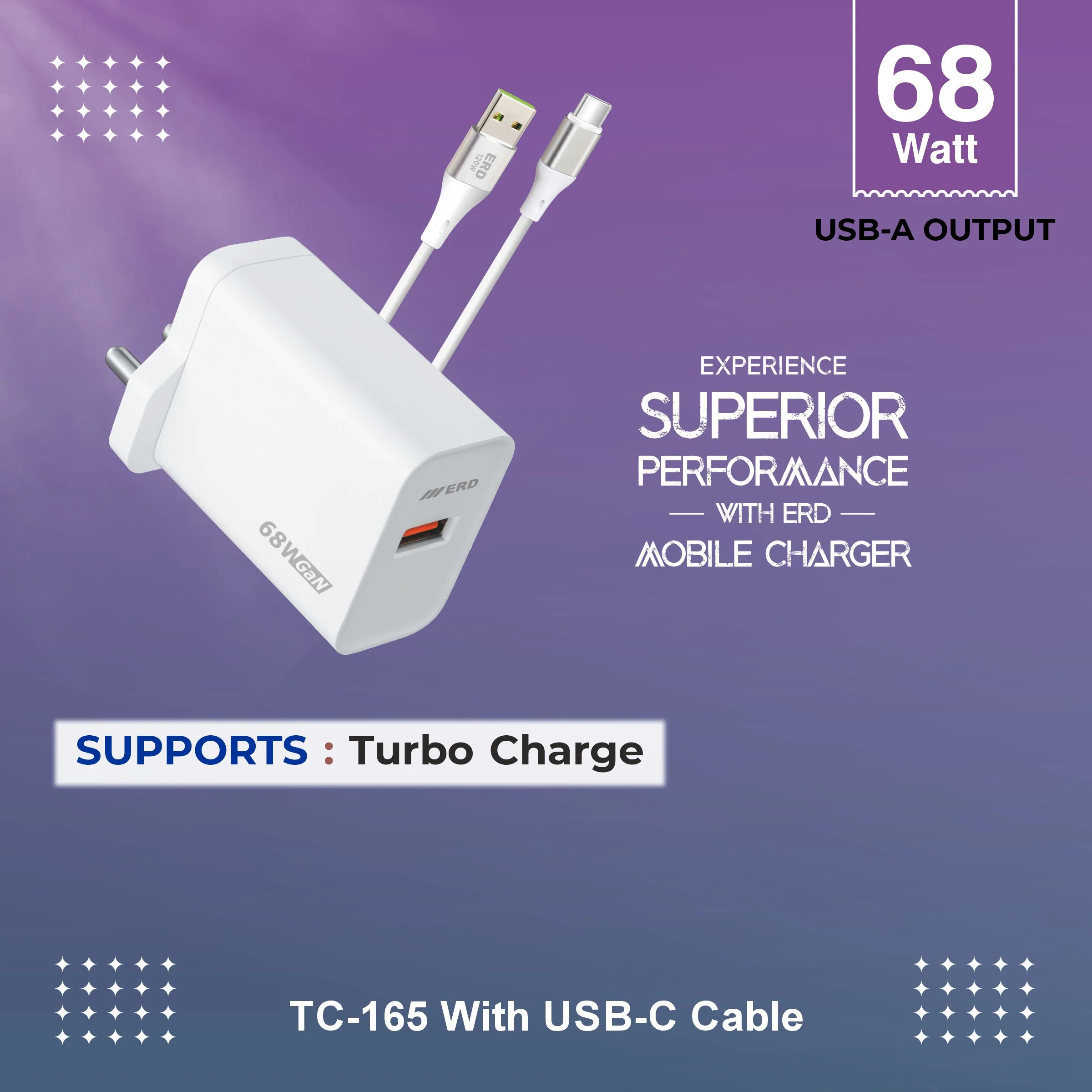 ERD TC-165 USB-A GaN Charger With USB-C Data Cable, 68W - Image 4