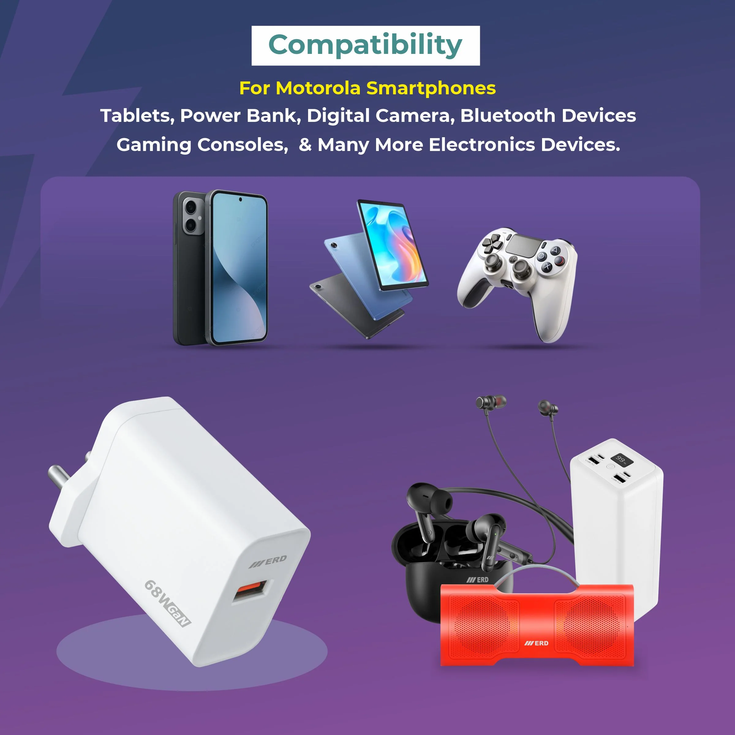 ERD TC-165 USB-A GaN Charger With USB-C Data Cable, 68W - Image 5