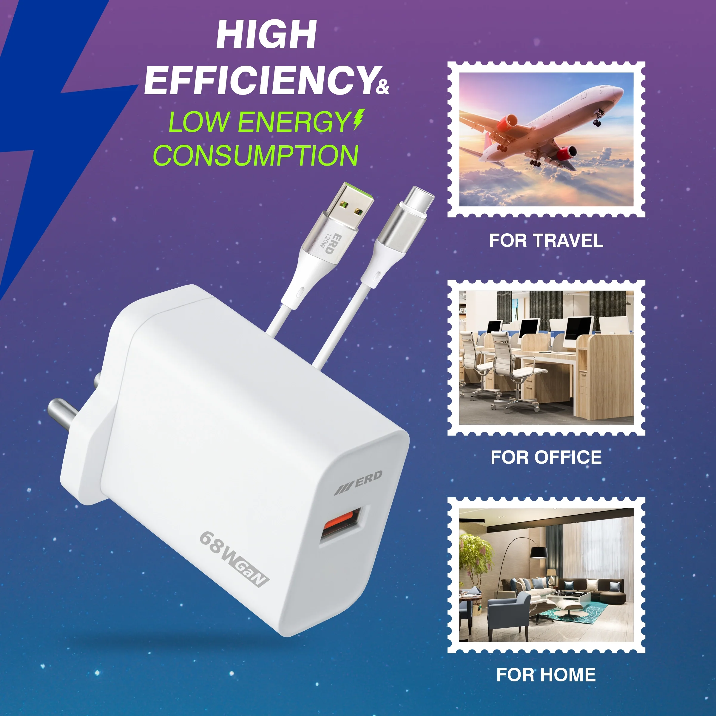 ERD TC-165 USB-A GaN Charger With USB-C Data Cable, 68W - Image 6