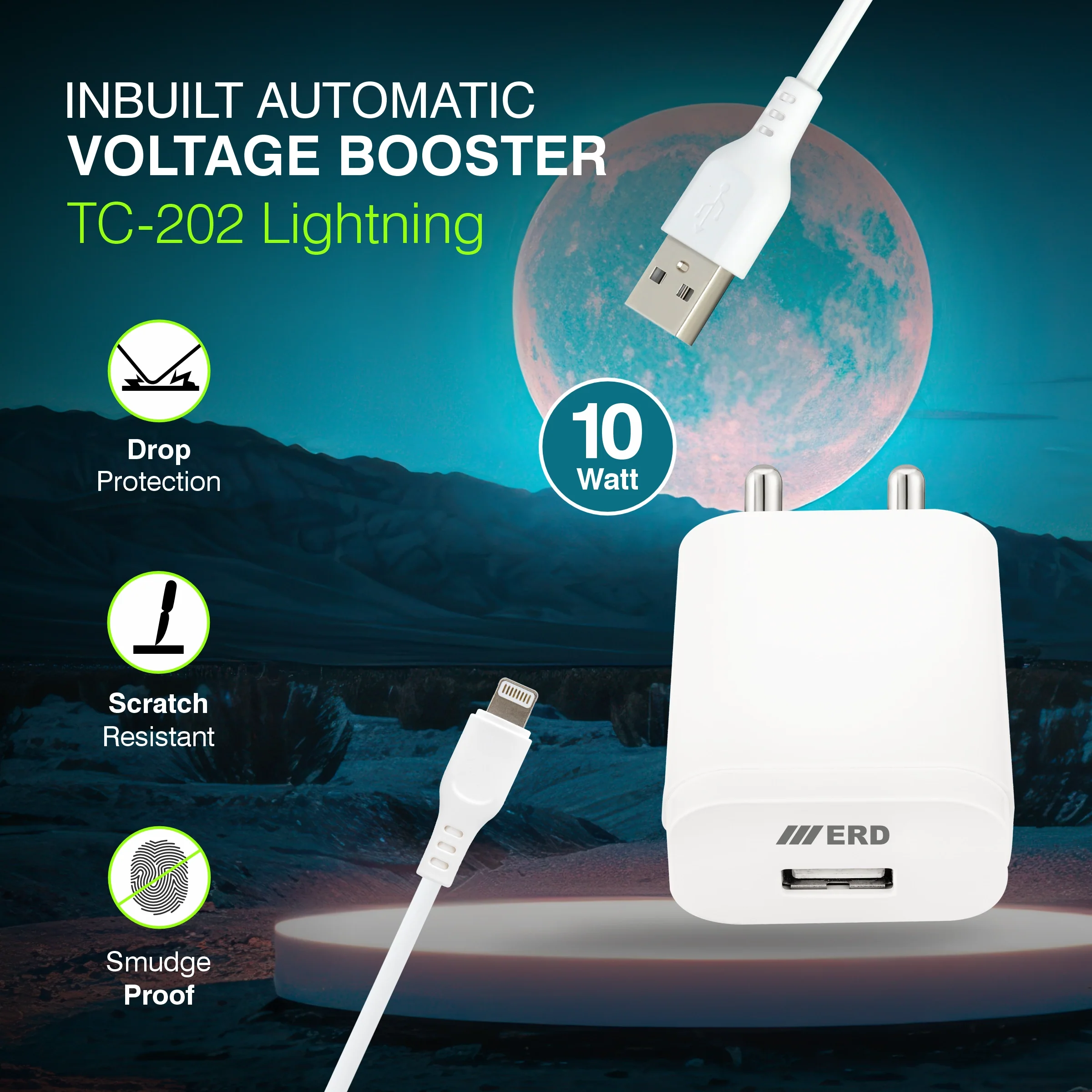 ERD TC-202 USB-A Charger With Lightning IP5 Data Cable, 10W - Image 3