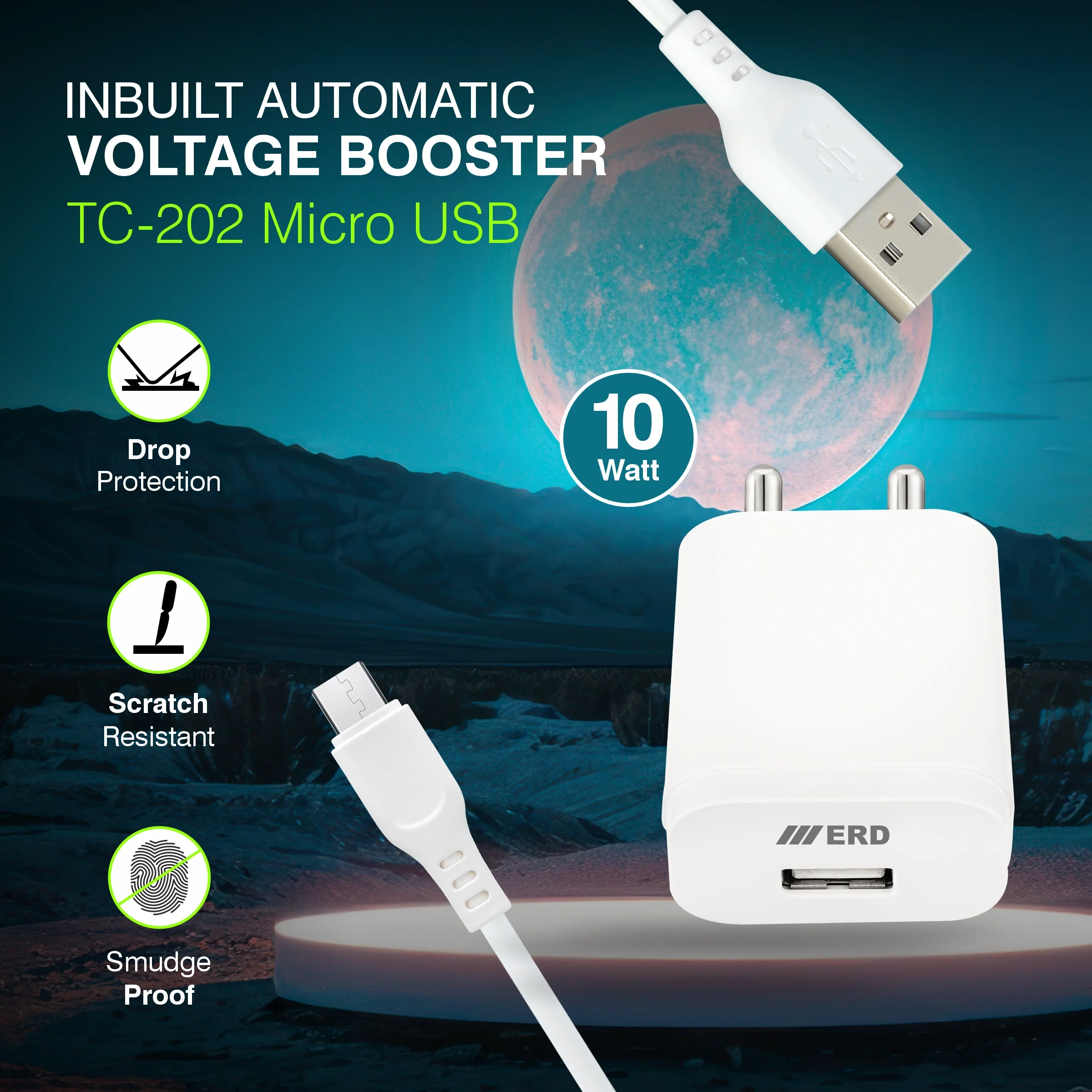 ERD TC-202 USB-A Charger With Micro Data Cable, 10W - Image 3