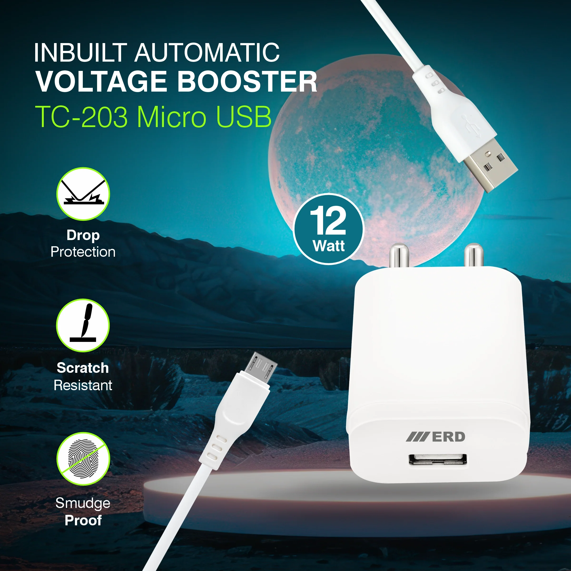 ERD TC-203 USB-A Charger With Micro Data Cable, 12W - Image 3