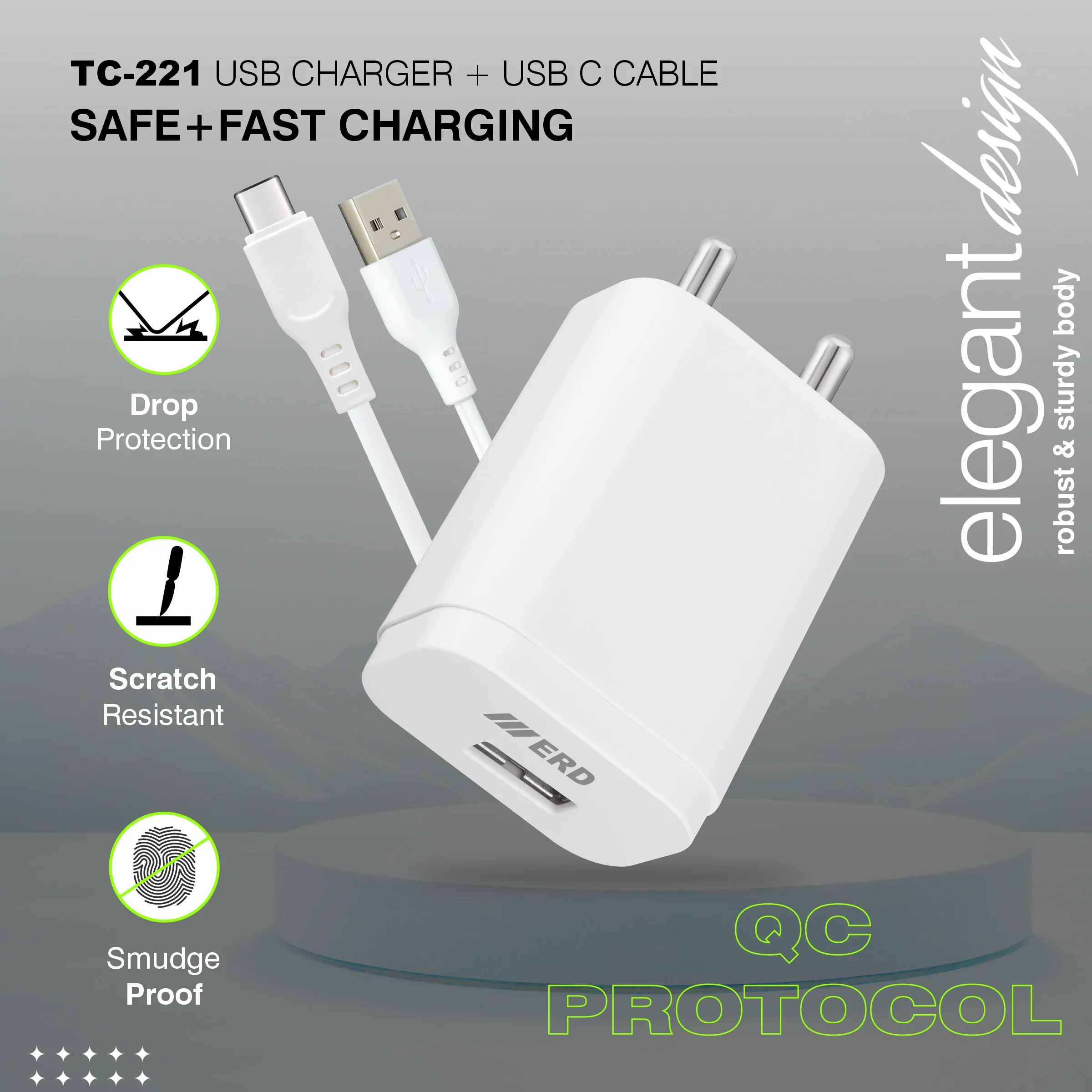 ERD TC-204 USB-A Charger With USB-C Data Cable, 15W - Image 4