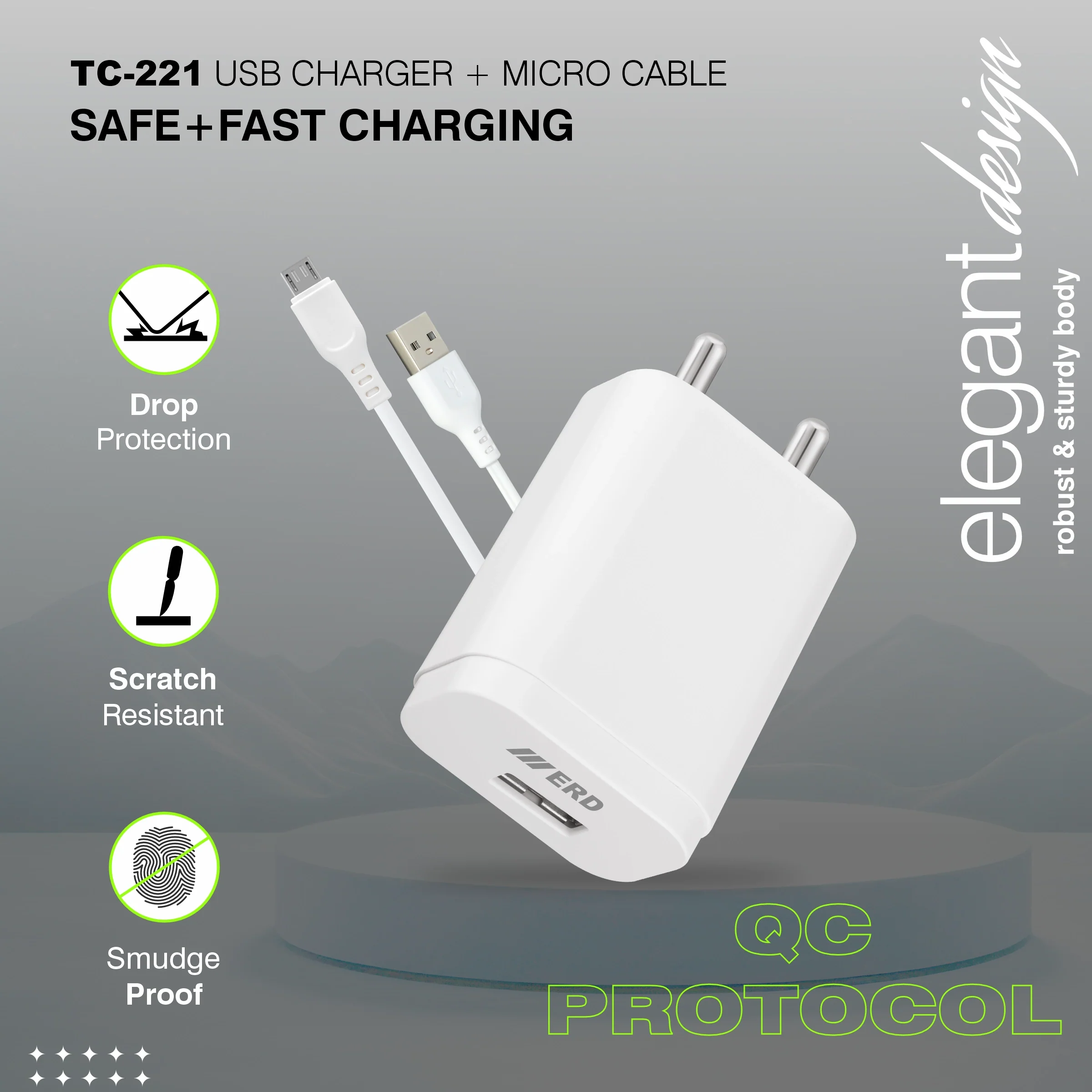 ERD TC-221 USB-A QC Charger With Micro Data Cable, 20W - Image 4