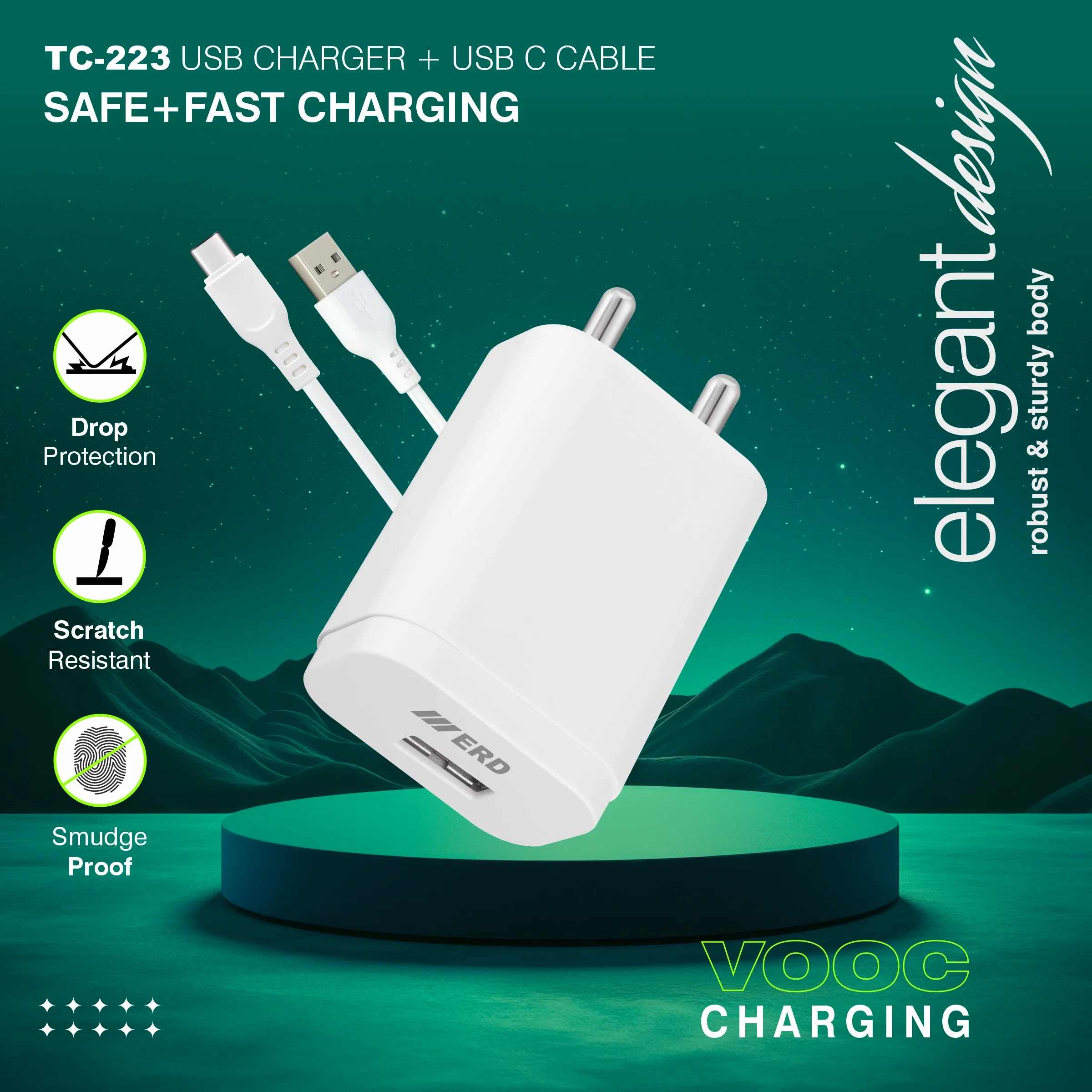 ERD TC-223 USB-A VOOC Charger With USB-C Data Cable, 33W - Image 4