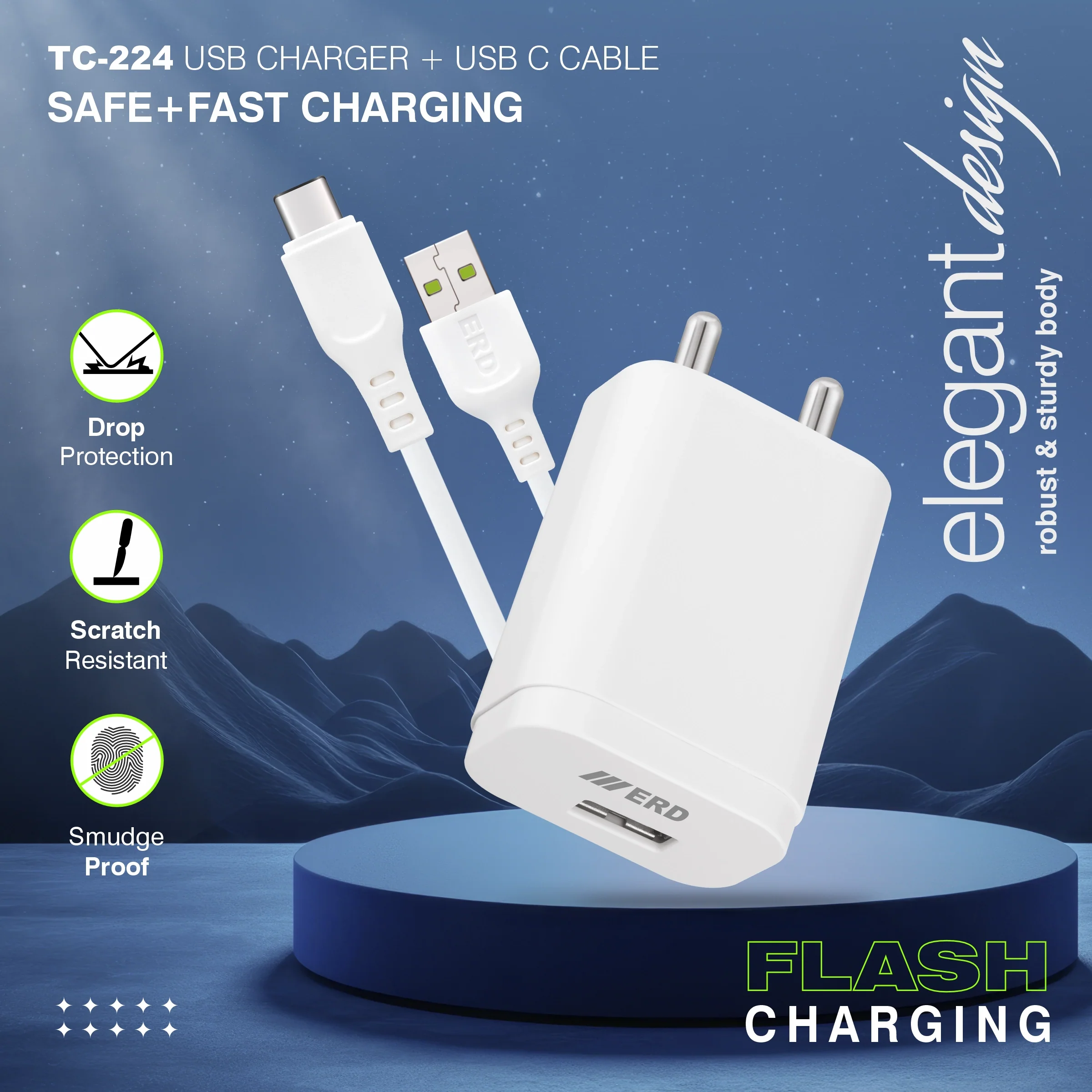 ERD TC-224 USB-A Flash Charger With USB-C Data Cable, 44W - Image 7