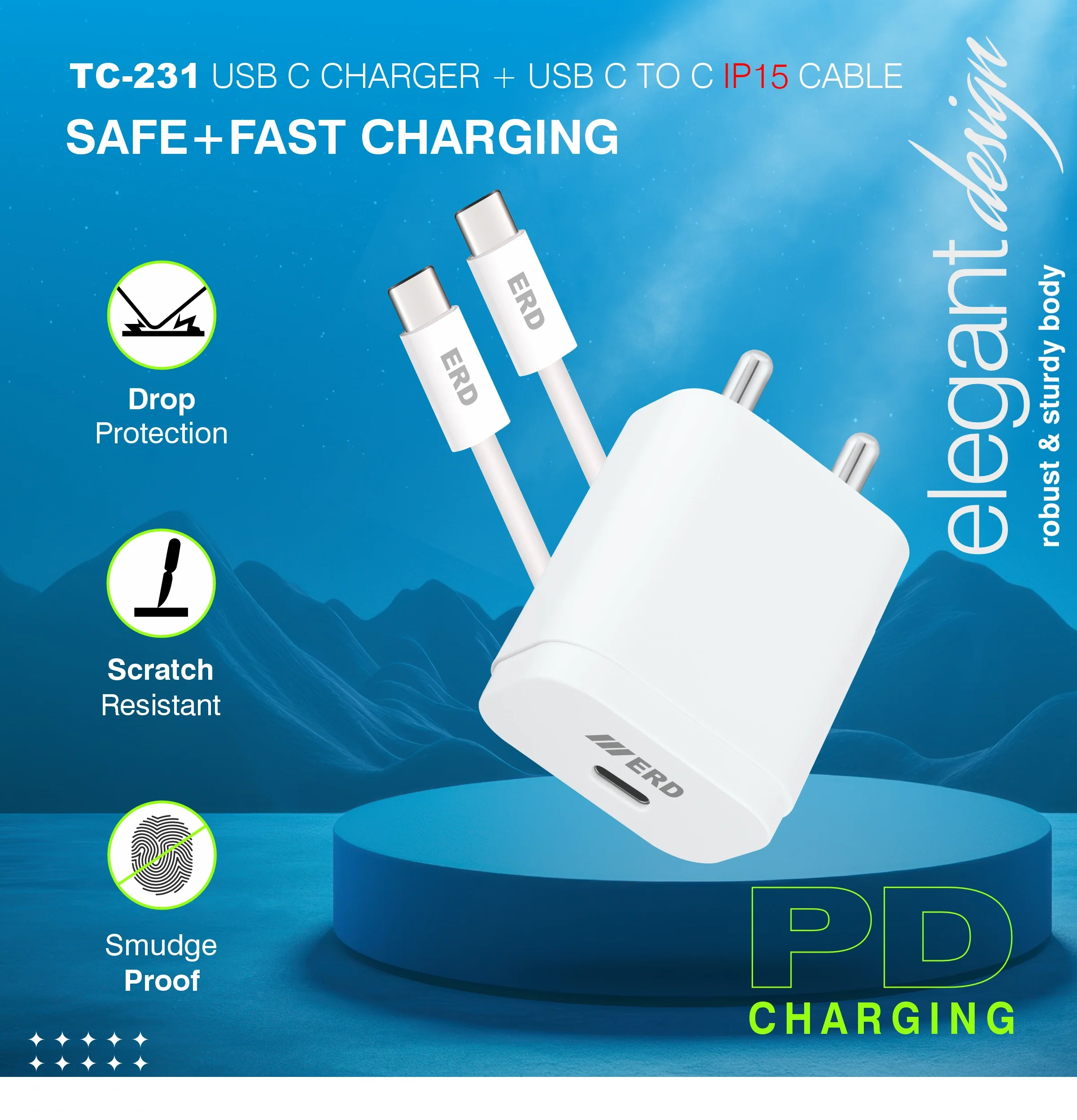 ERD TC-231 USB-C Charger With USB-C to C IP15 Data Cable, 20W - Image 4