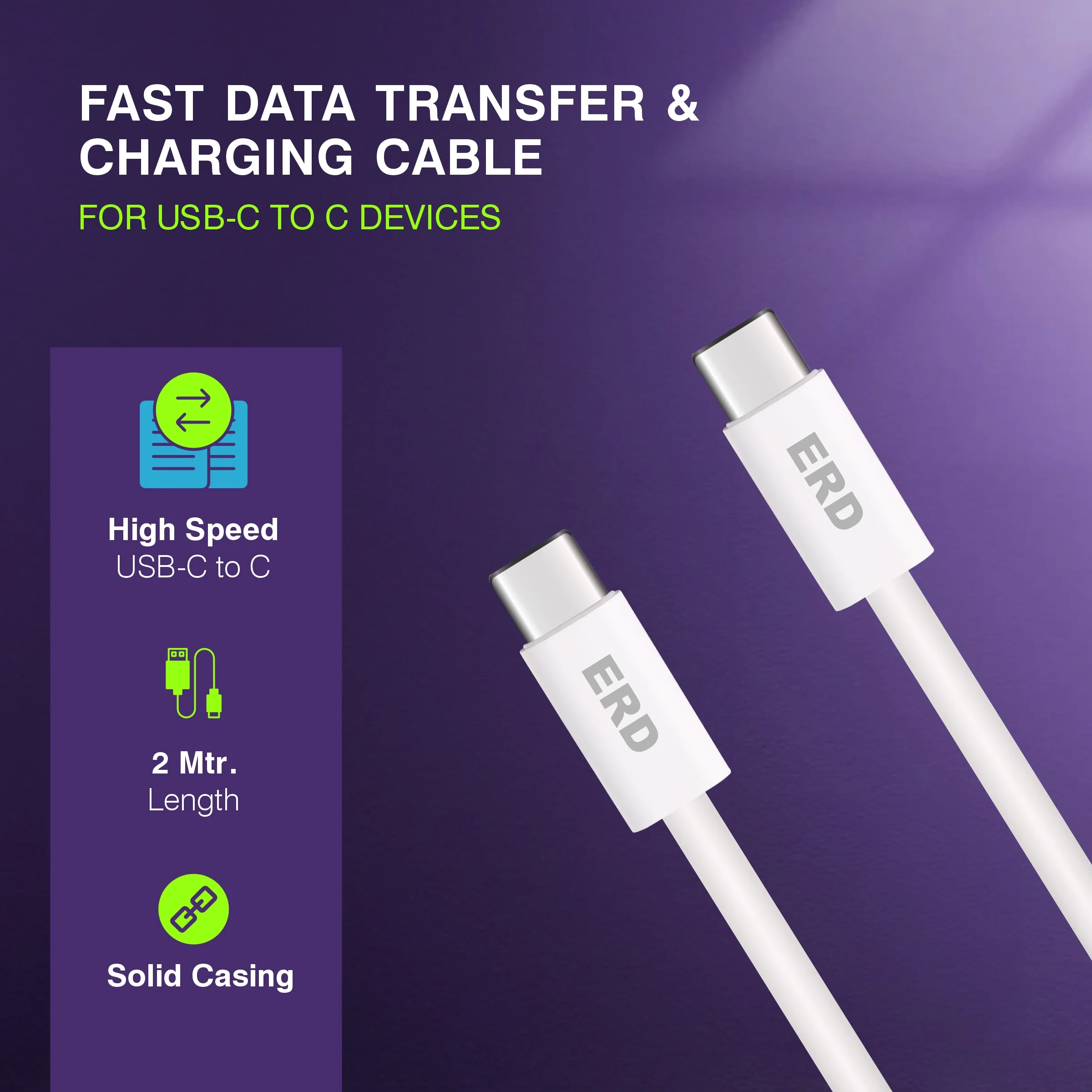 ERD UC-304 USB-C TO C Solid Casing Data Cable, 2 Meter, 65W - Image 3