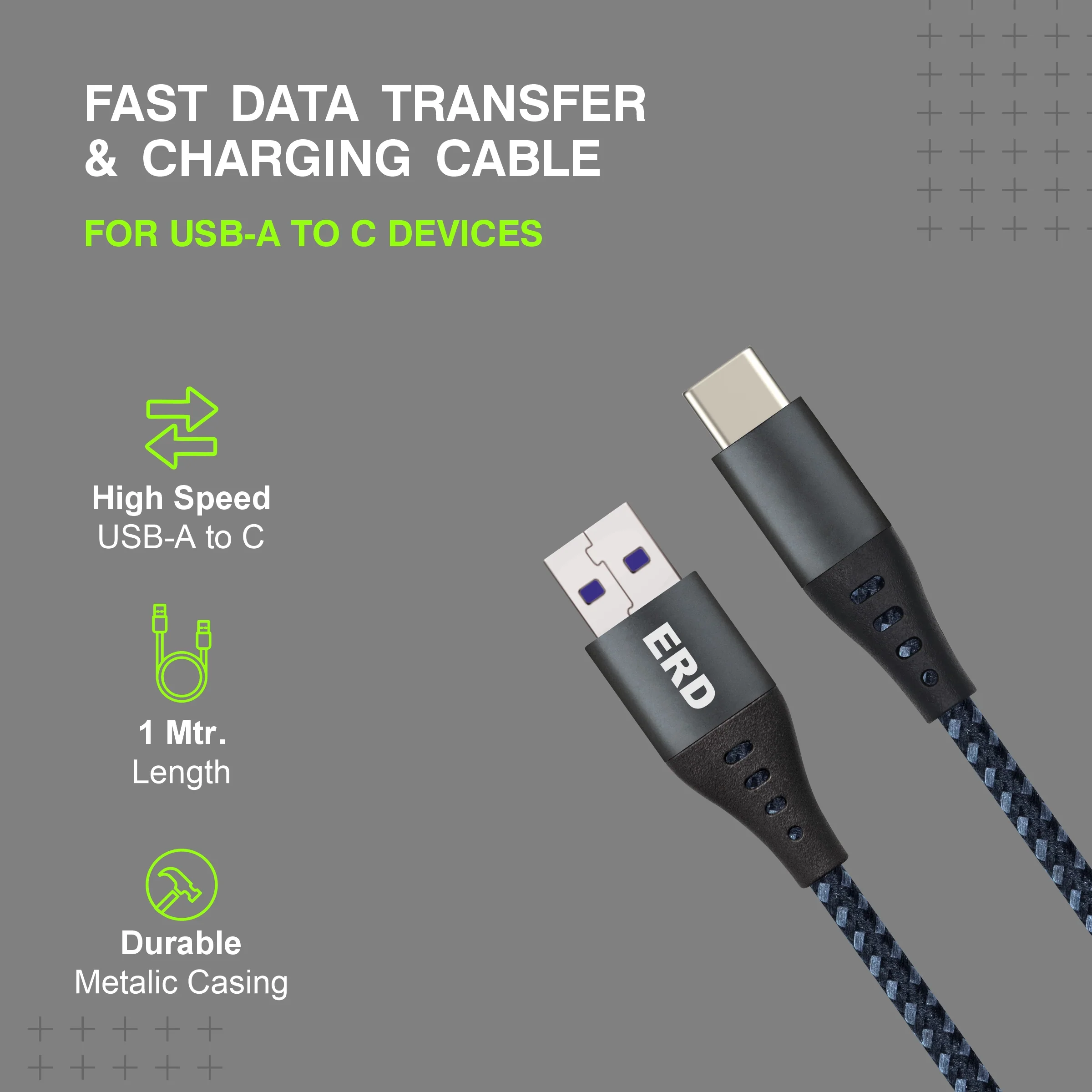 ERD UC-332 USB-A to C Braided Metal Casing Data Cable, 65W - Image 3
