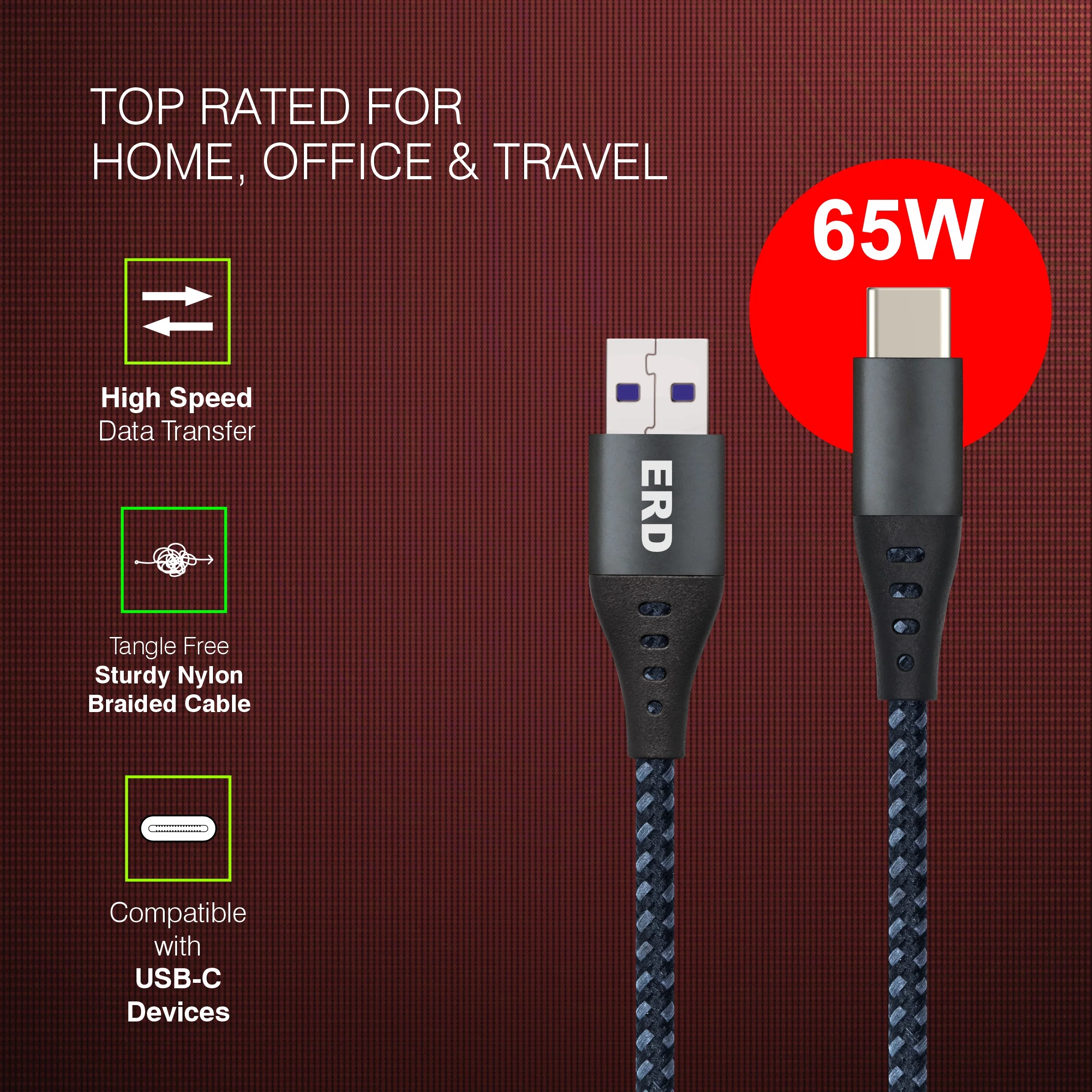 ERD UC-332 USB-A to C Braided Metal Casing Data Cable, 65W - Image 5