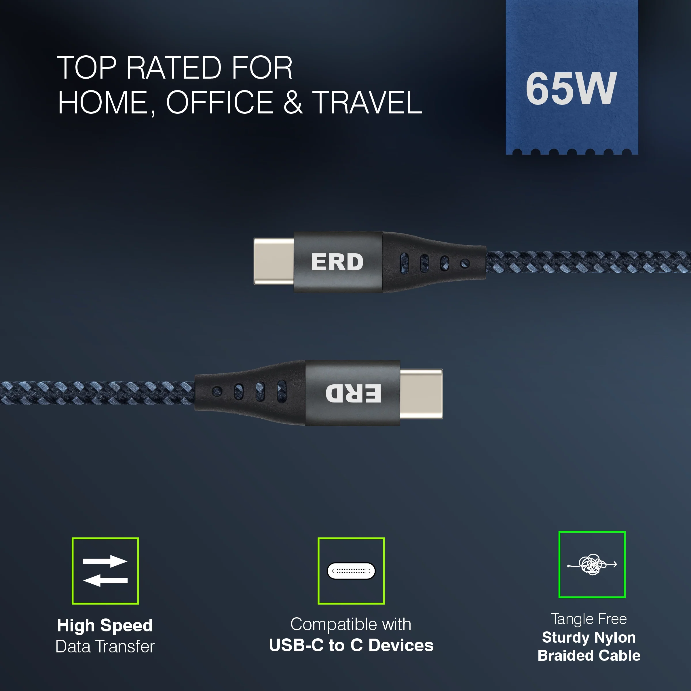 ERD UC-333 USB-C TO C Braided Metal Casing Data Cable, 65W - Image 6