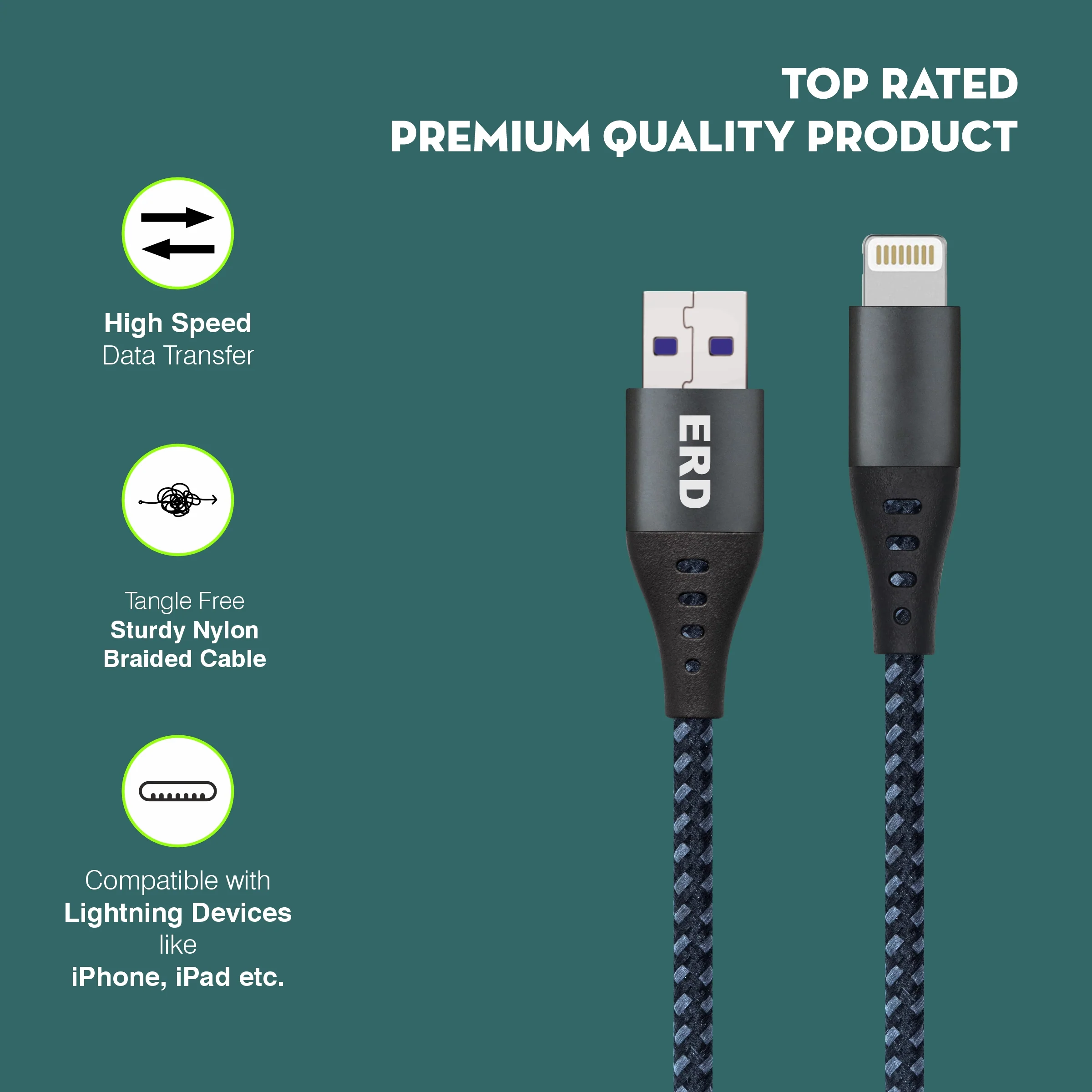 ERD UC-334 USB-A to Lightning Braided Metal Casing Data Cable, 25W - Image 4