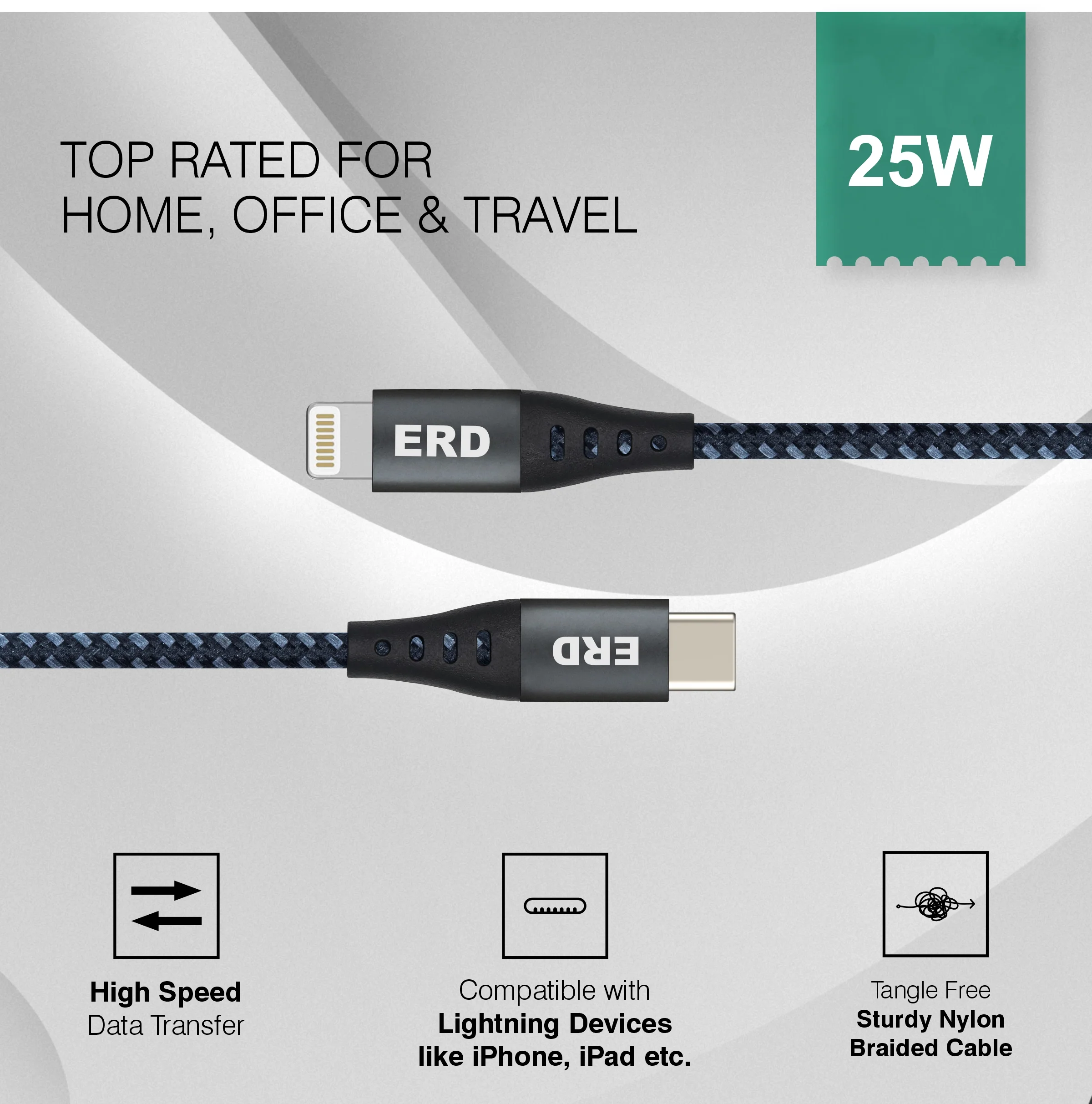 ERD UC-335 USB-C TO Lightning Braided Metal Casing Data Cable, 25W - Image 6