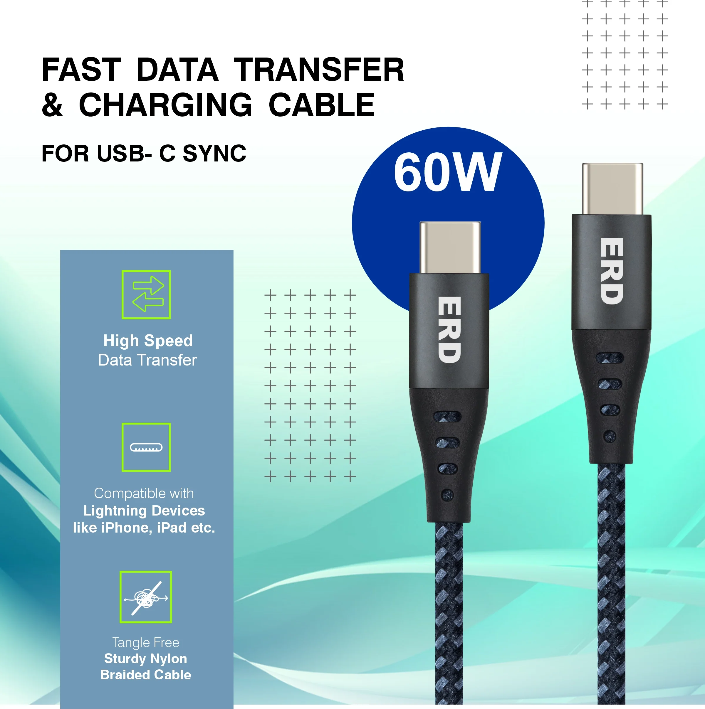 ERD UC-336 USB-C TO C IP15 Braided Metal Casing Data Cable, 60W - Image 3