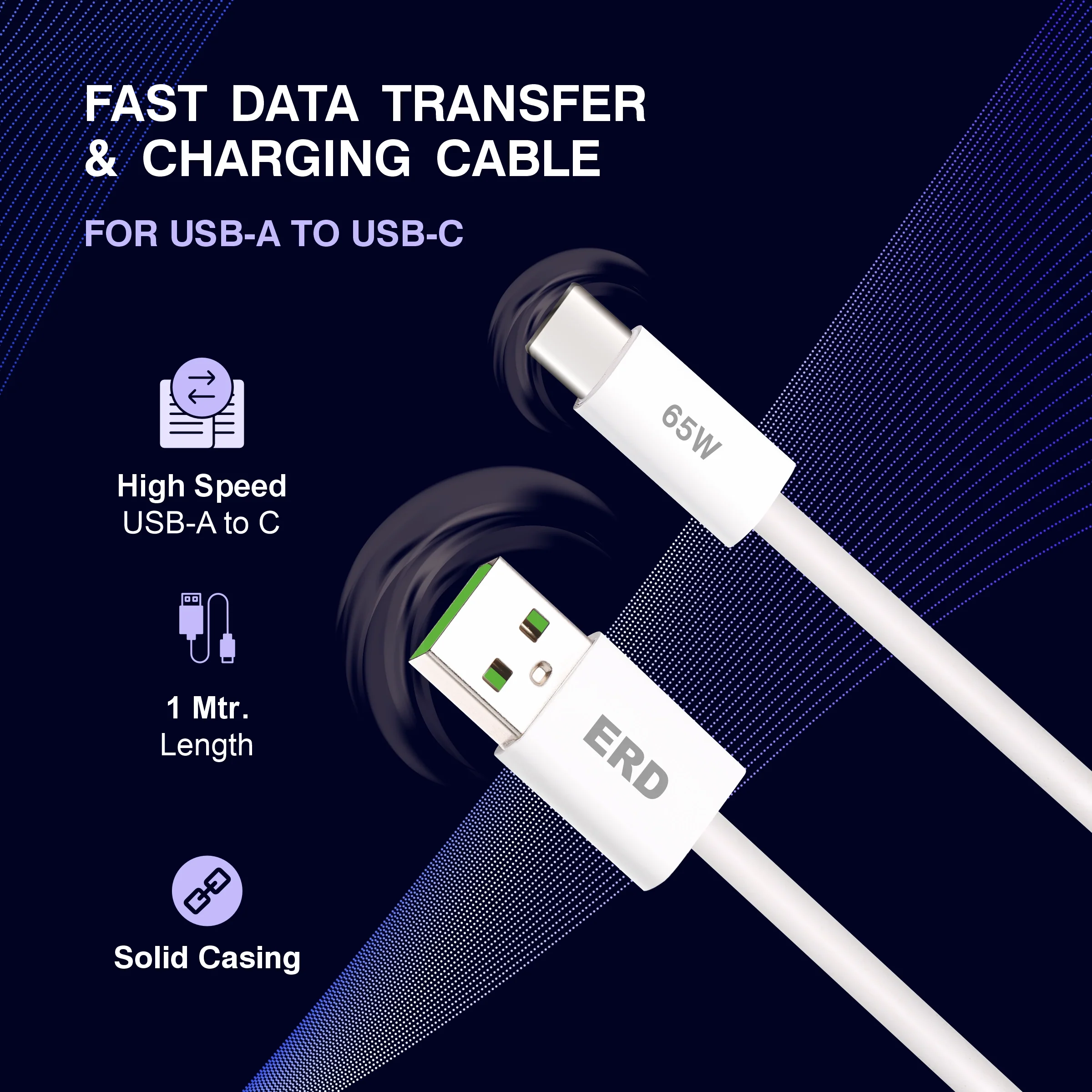 ERD UC-361 USB-A TO C Solid Casing Data Cable, 65W - Image 3