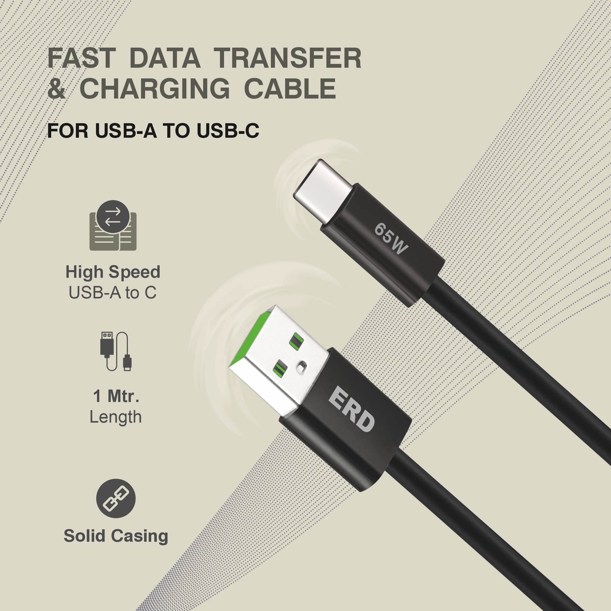 ERD UC-362 USB-A TO C Solid Casing Data Cable, 65W - Image 3