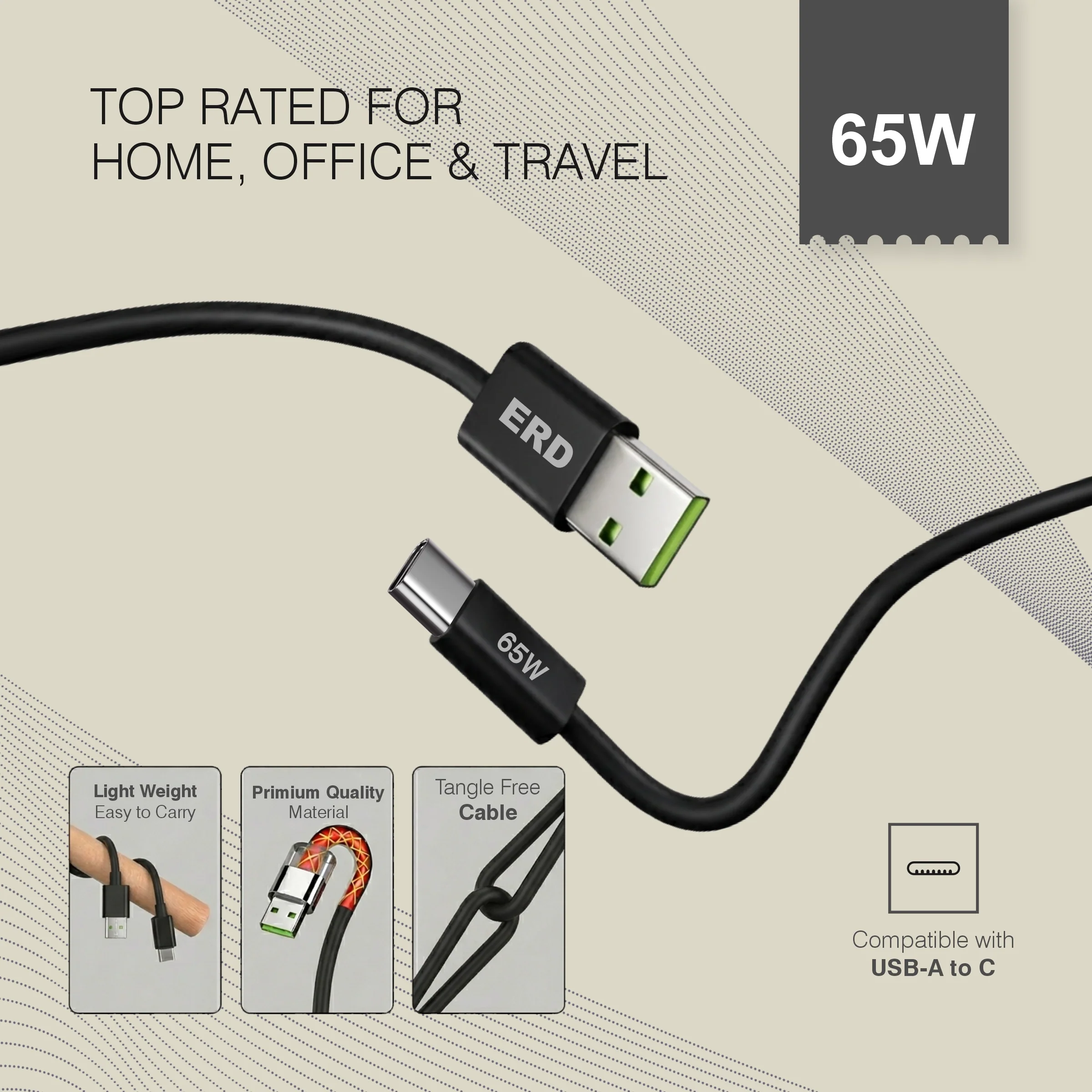 ERD UC-362 USB-A TO C Solid Casing Data Cable, 65W - Image 6