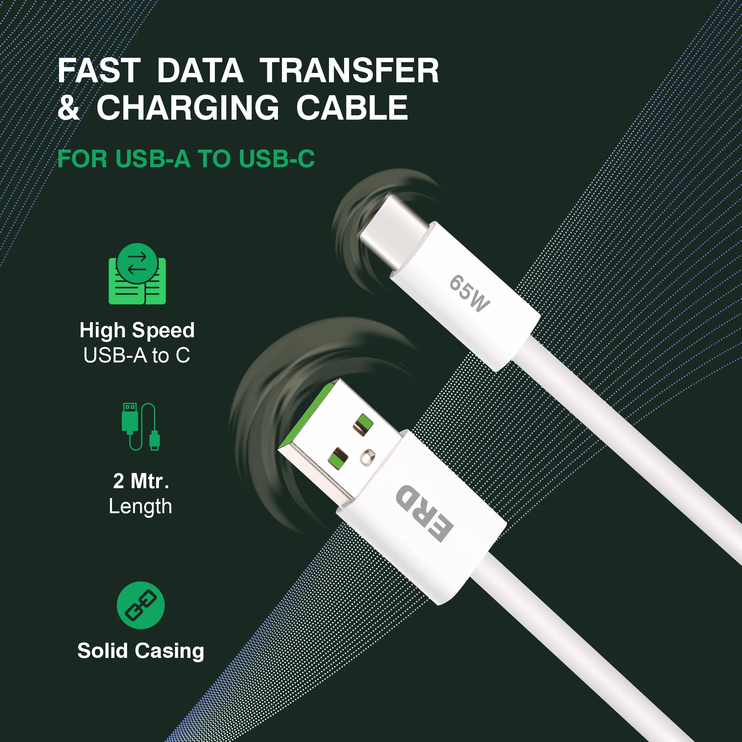 ERD UC-364 USB-A TO C Solid Casing Data Cable, 2Meter, 65W - Image 3